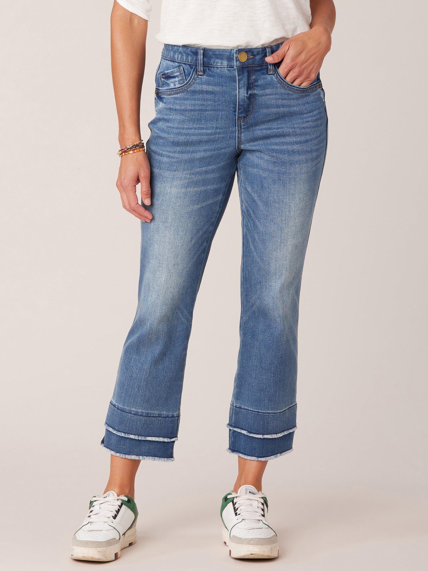Fast Wear Mid-Rise Blue Double Layer Fray Hem Kick Flare Jeans