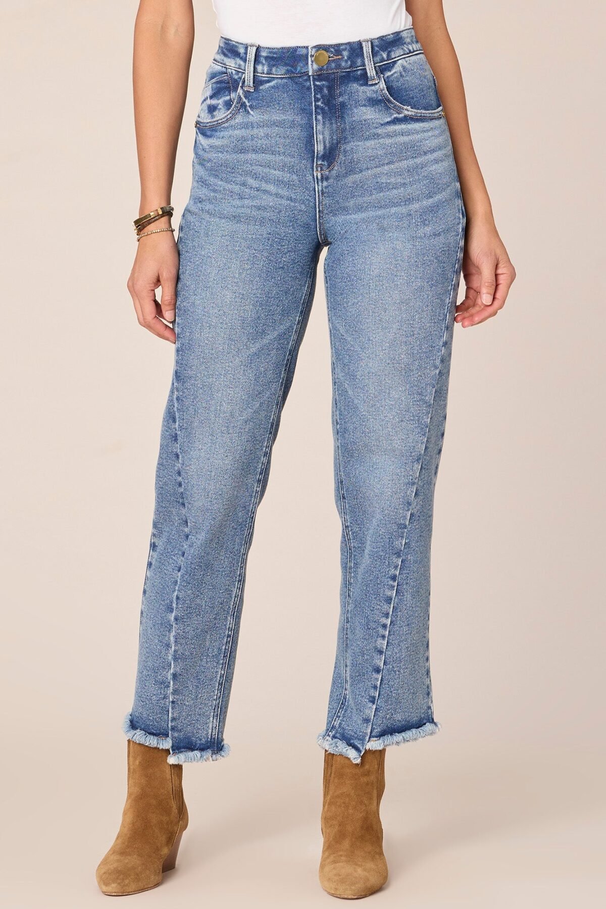 Fast Wear High Rise Spliced Frayed Ankle Straight Leg Petite Jeans