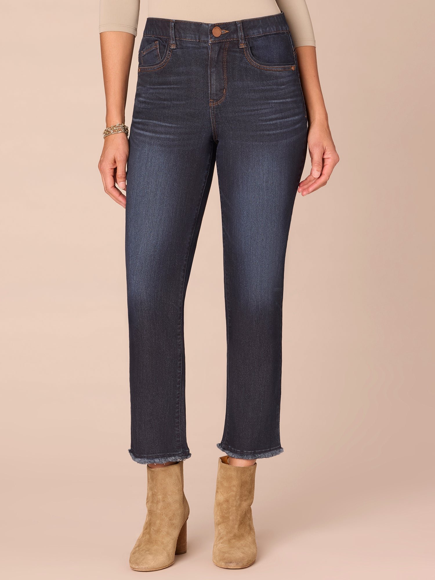 Fast Wear High Rise Fray Slim Straight Jeans with Cascading