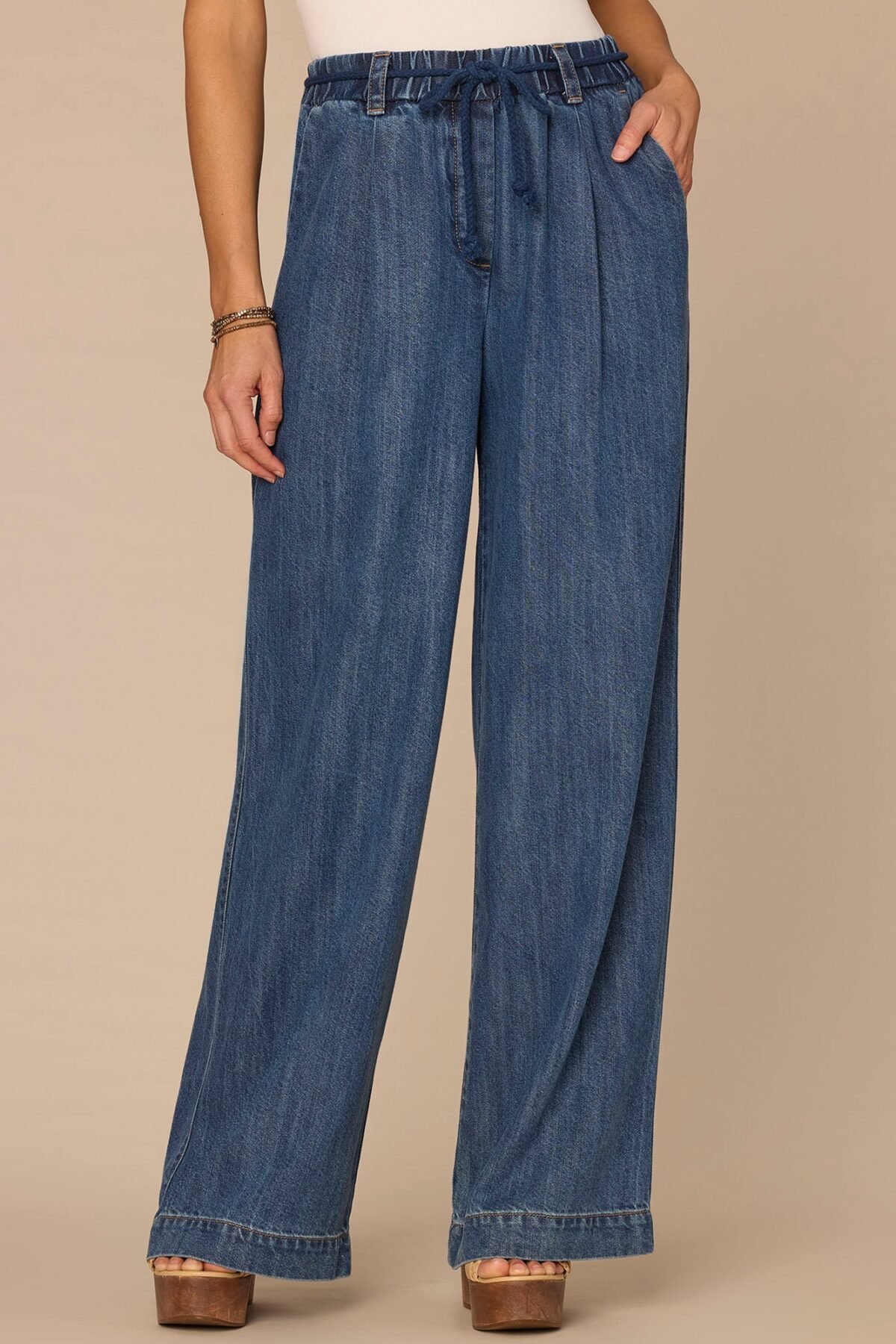 Fast Wear Skyrise Rope Tie Belt Spade Pocket Pleated Wide Leg Jeans
