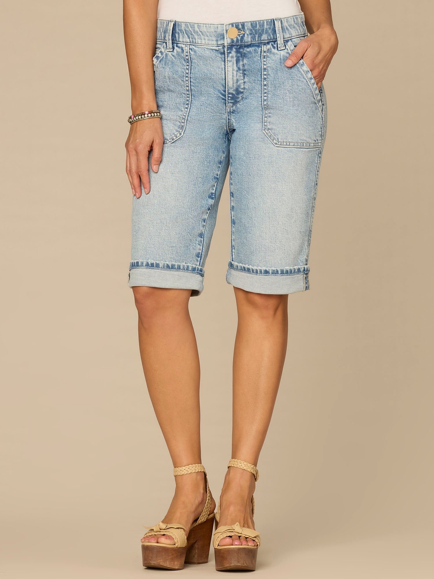 Fast Wear High Rise Coin Pocket Bermuda Shorts with Cuffed Hem