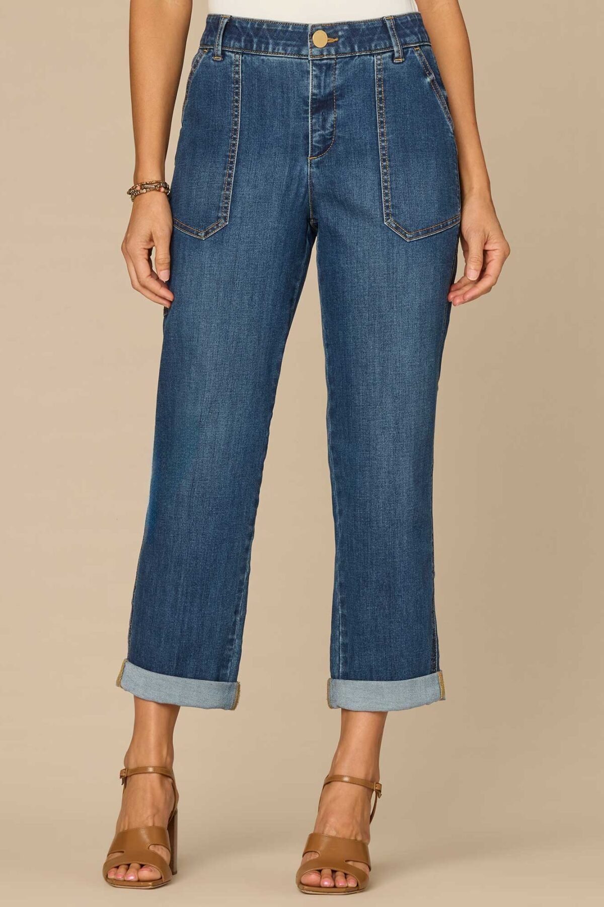 Fast Wear High Rise Patch Pocket Roll Cuff Utility Jeans