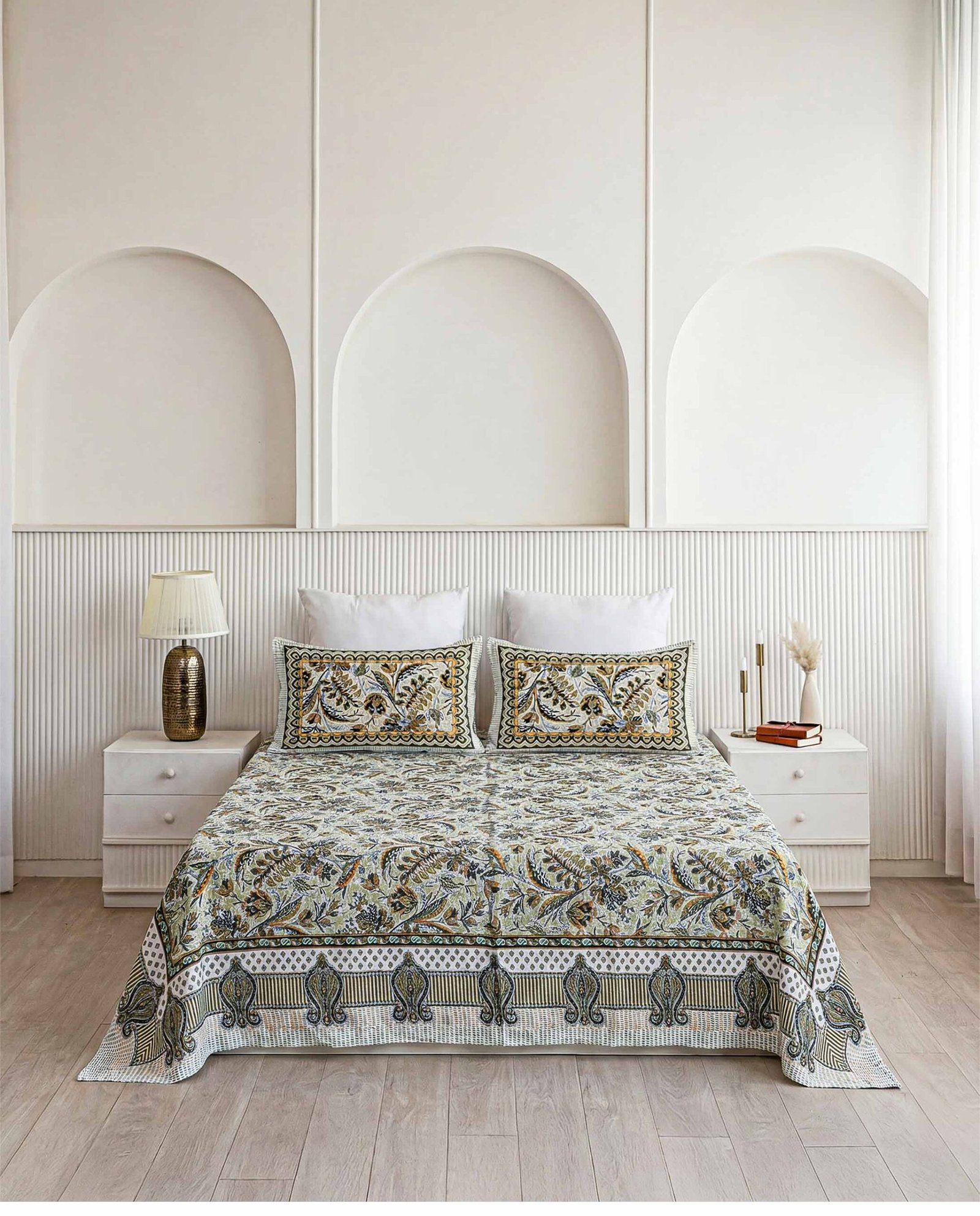 Earthy Olive Botanical Block Print Pure Cotton Double Bedsheet