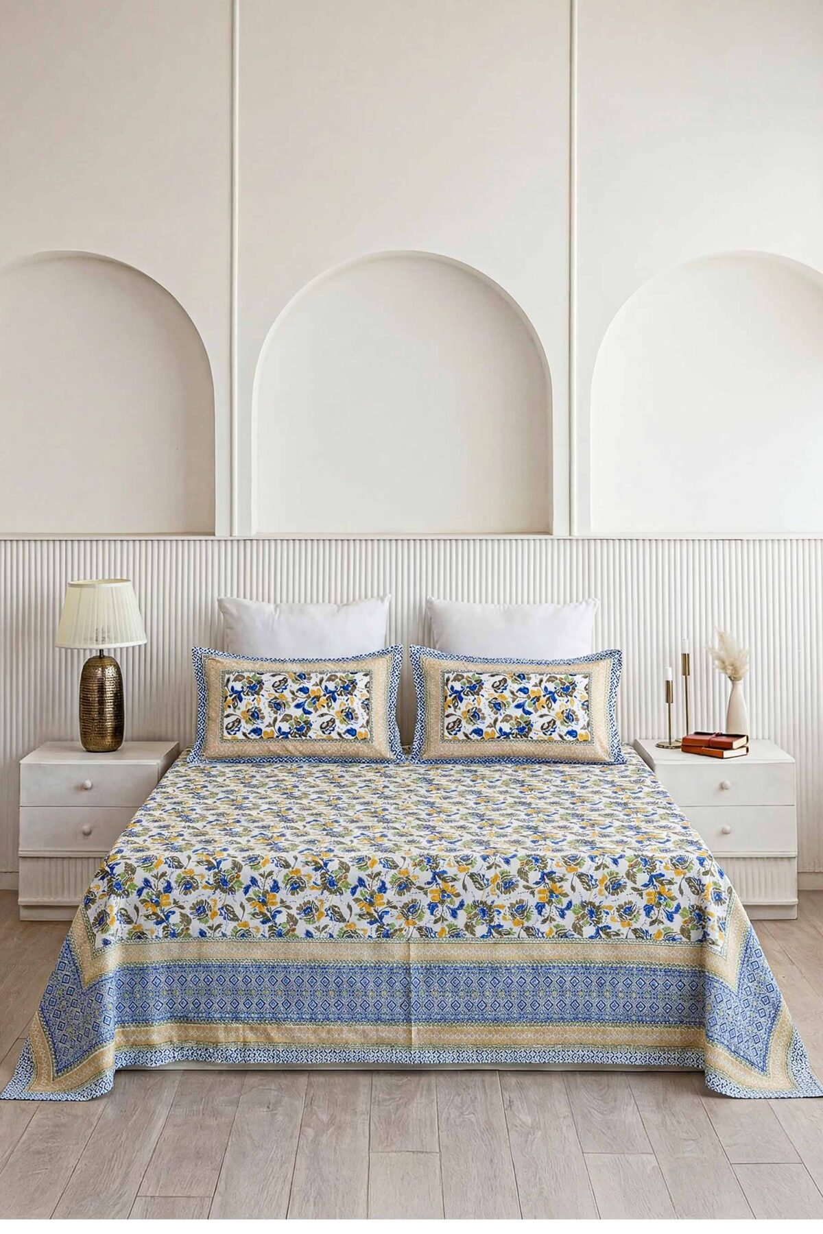 Vibrant Blue Blossom & Geometric Border Pure Cotton Double Bedsheet
