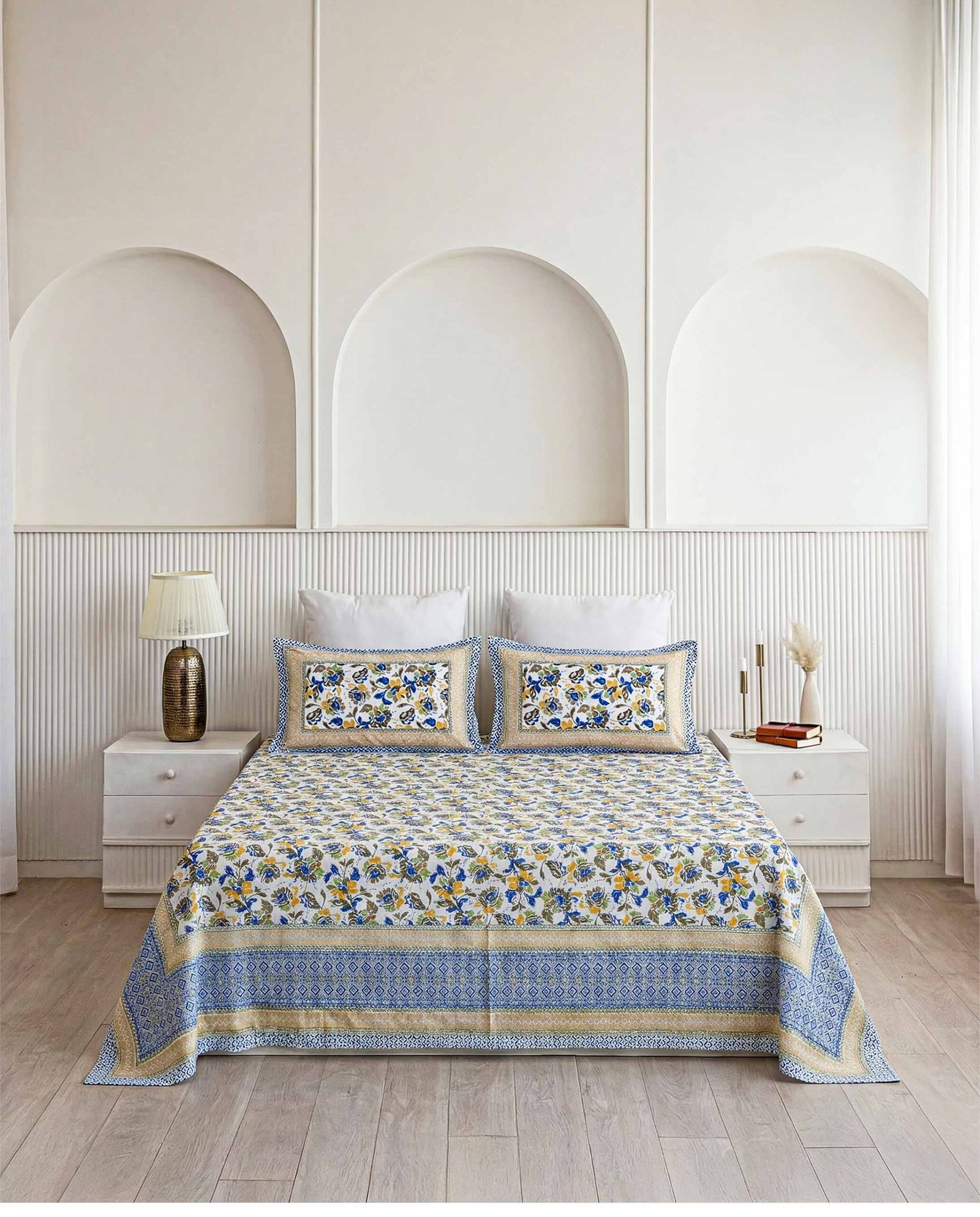 Vibrant Blue Blossom & Geometric Border Pure Cotton Double Bedsheet