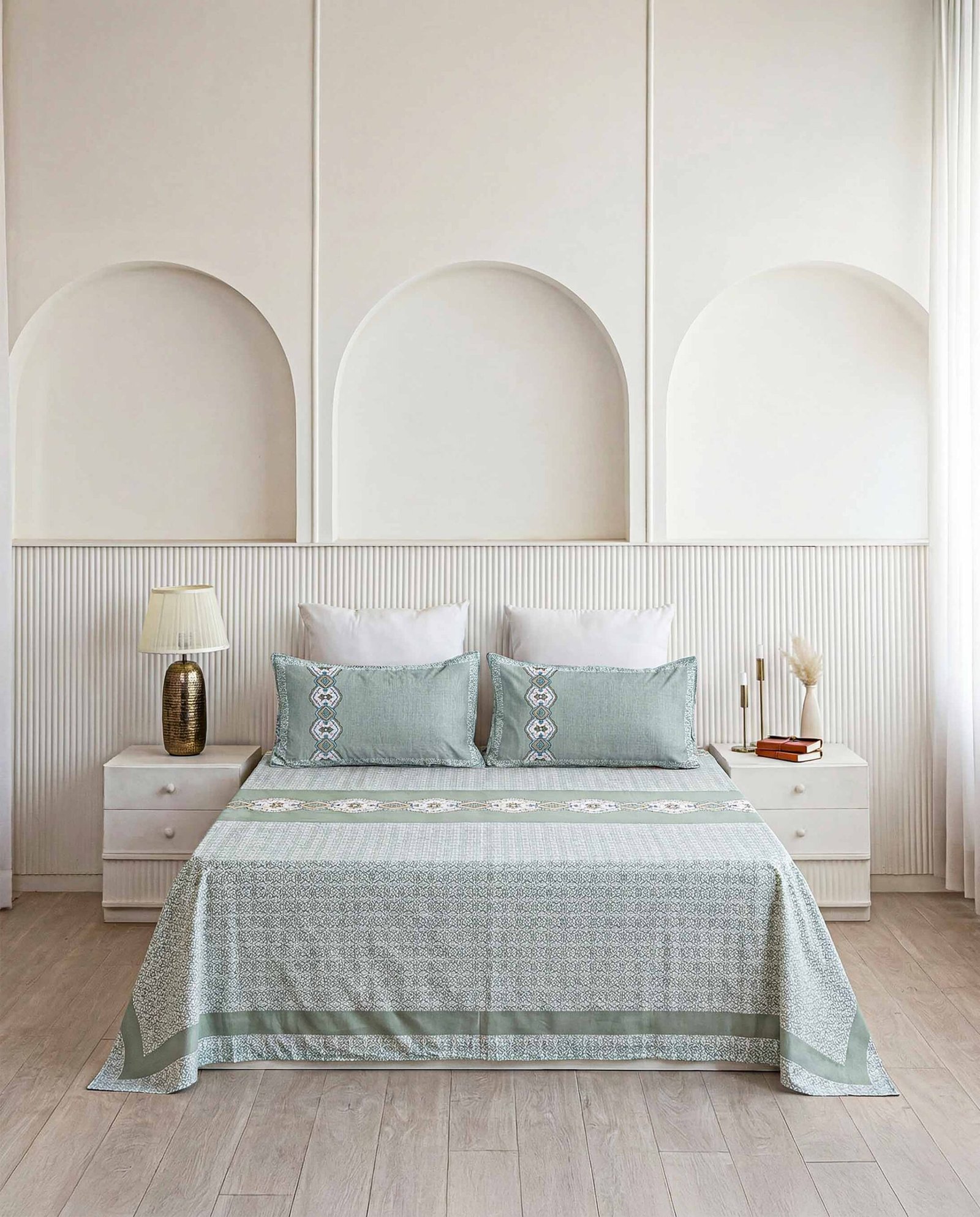 Sage Green Medallion Band Pure Cotton Double Bedsheet