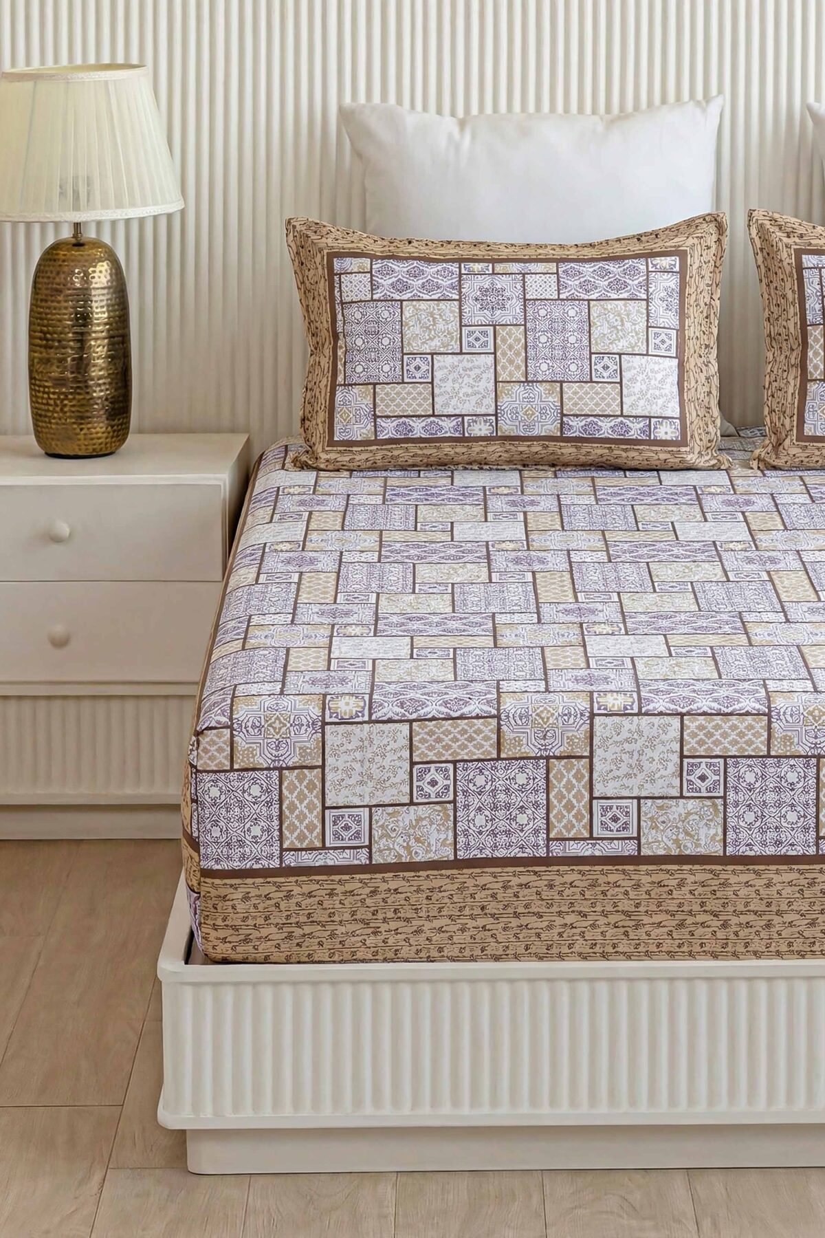 Lavender and Taupe Geometric Patchwork Pure Cotton Double Bedsheet