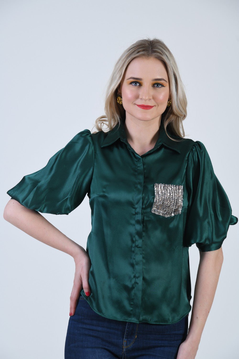 Green Sequin Pocket Balloon Sleeves Satin Shirt