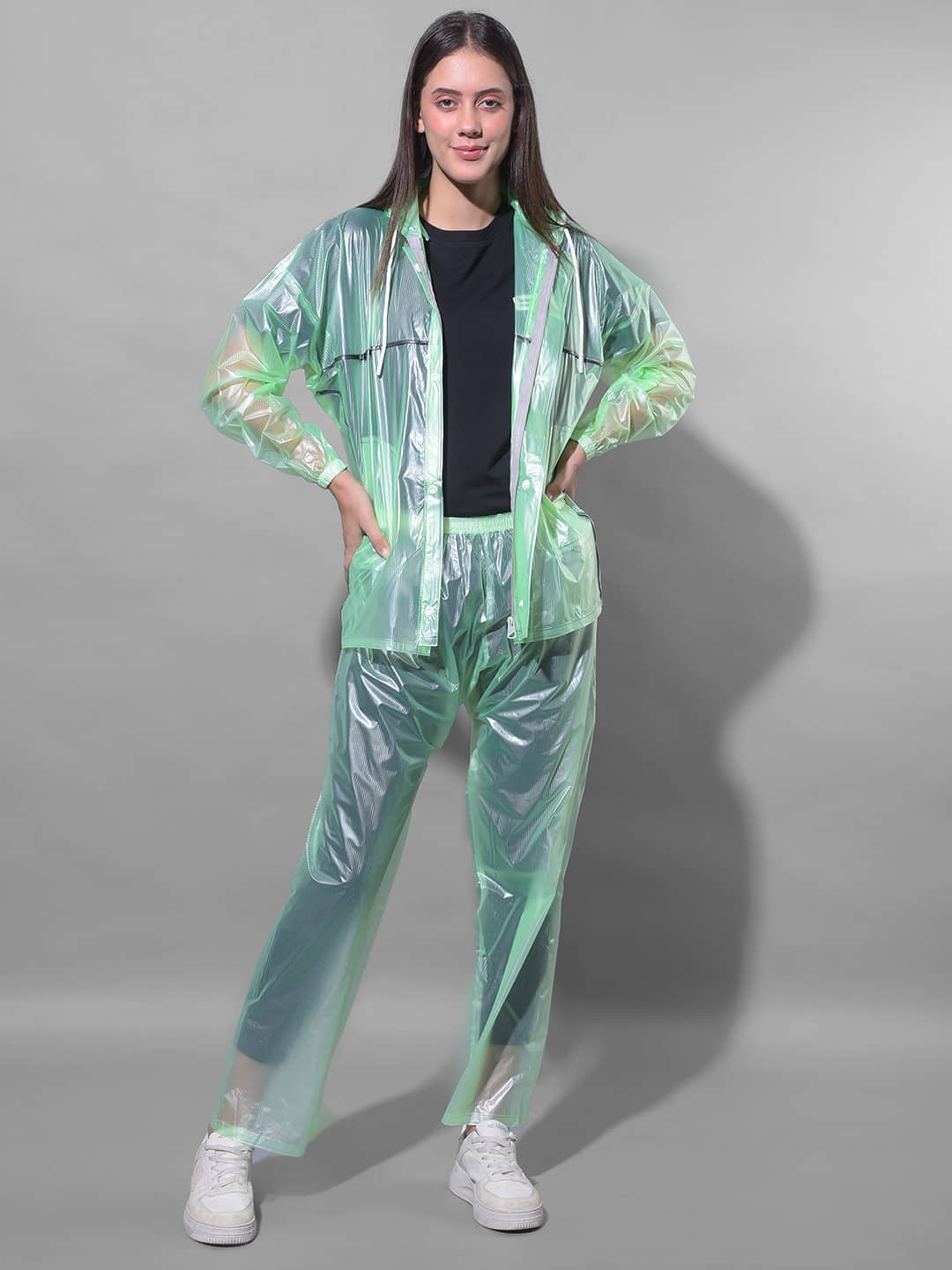 Green Unisex PVC Waterproof Rain Suit with Hood and Pocket Set