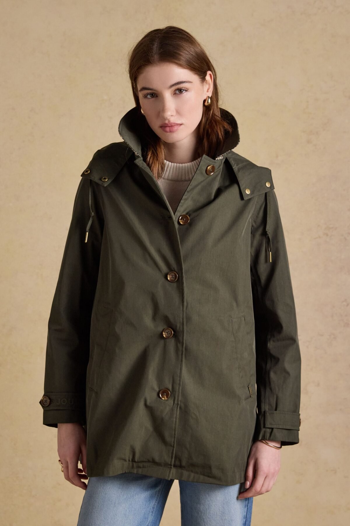 Women's Khaki Green Button Front Waterproof Raincoat with Hood