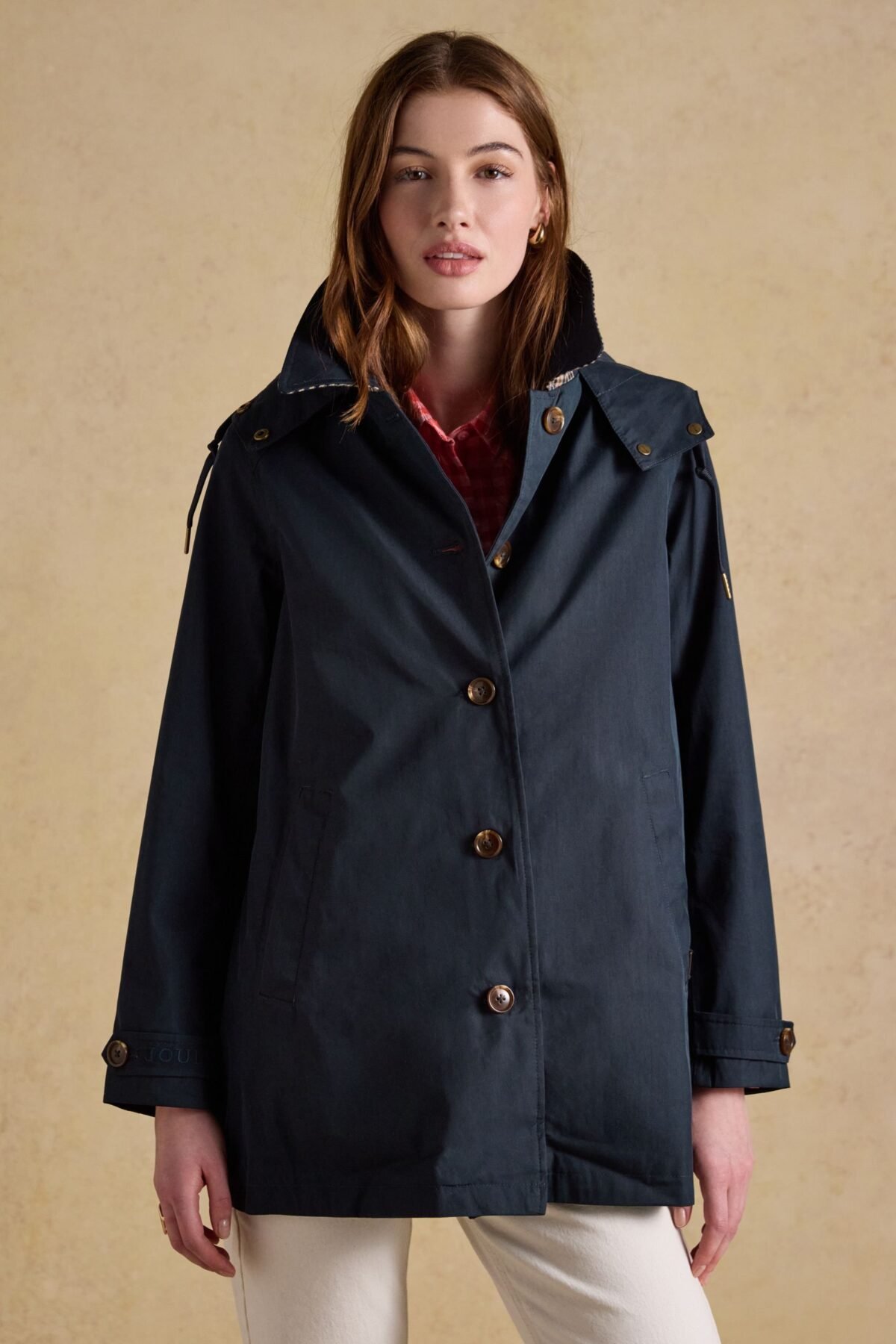 Women's Navy Button Through Waterproof Raincoat Lightweight Rain Protection