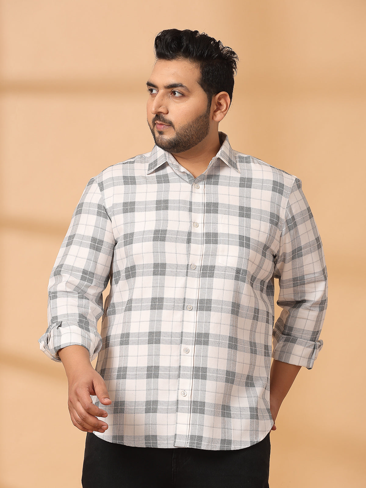 Plus Size Men Spread Collar Tartan Checked Cotton Casual Shirt