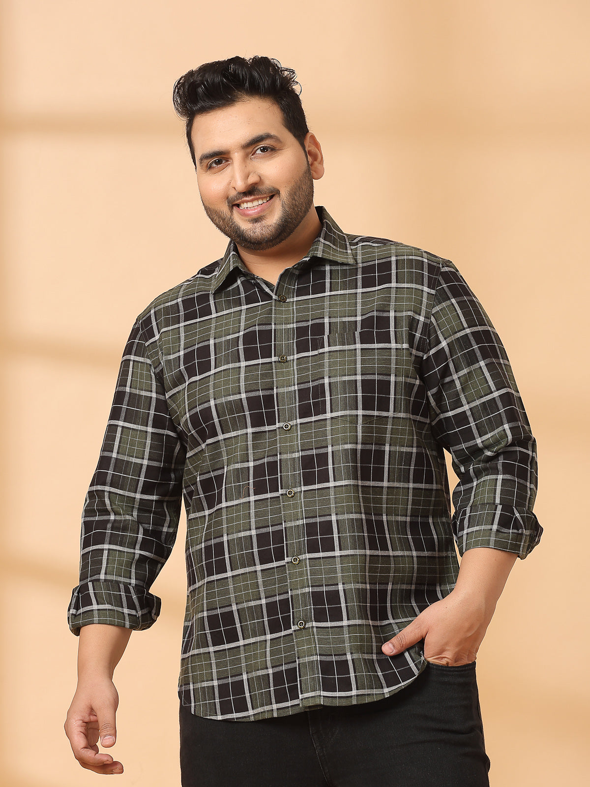 Plus Size Men Spread Collar Tartan Checked Cotton Casual Shirt