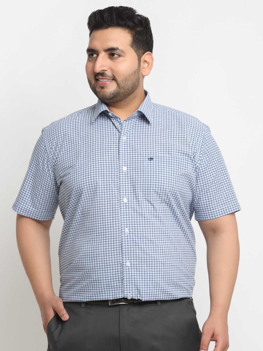 Plus Size  Blue Micro Checked Opaque Formal Shirt