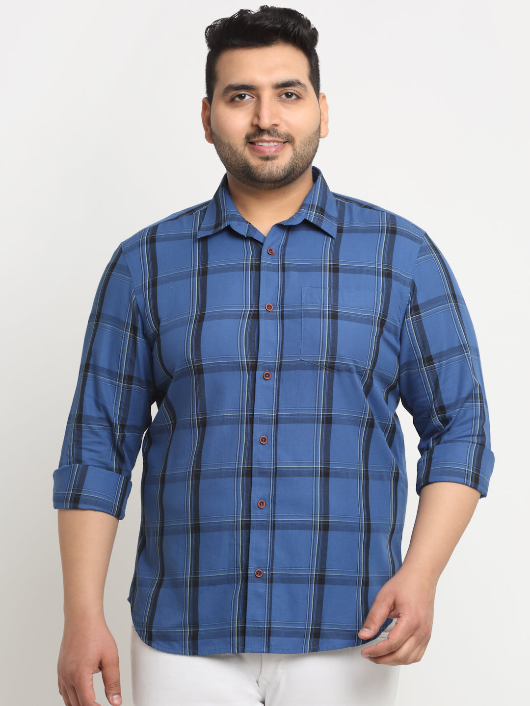 Plus Size  Windowpane Checks Cotton Casual Shirt