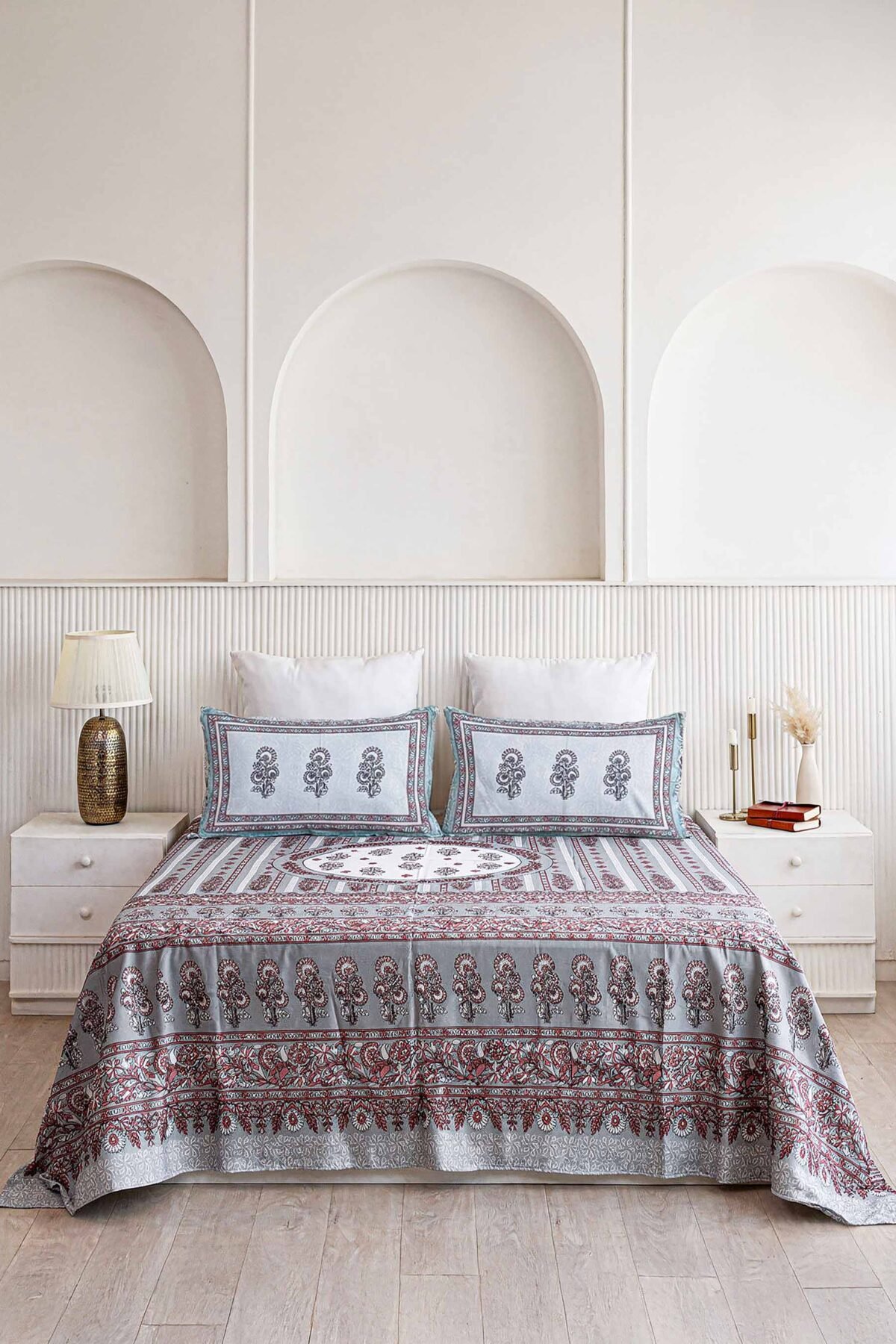 Grey & Maroon Mandala Floral Pure Cotton King Size Bedsheet