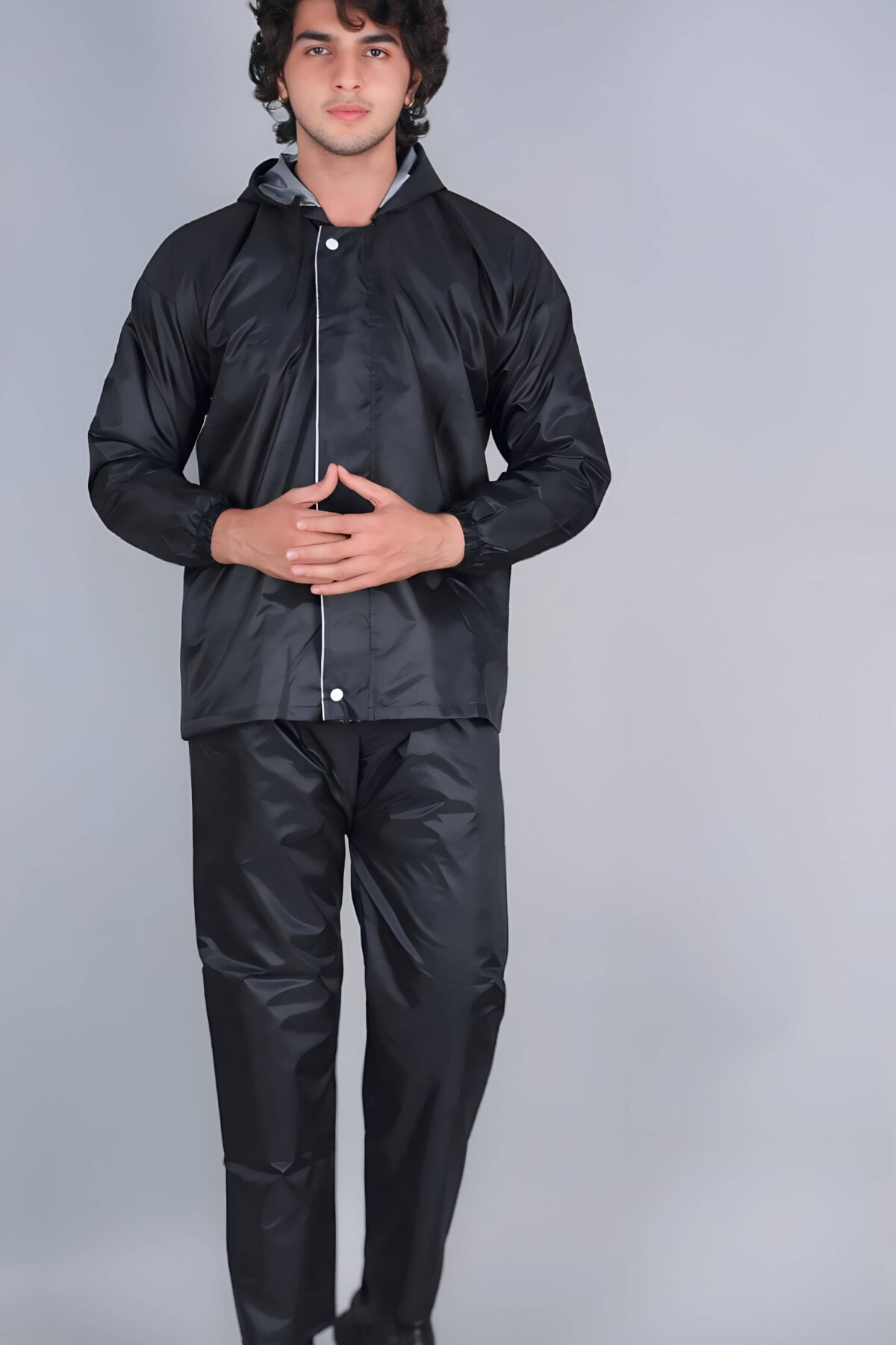 Premium Black Polyester Raincoat for Men with Hooded Design