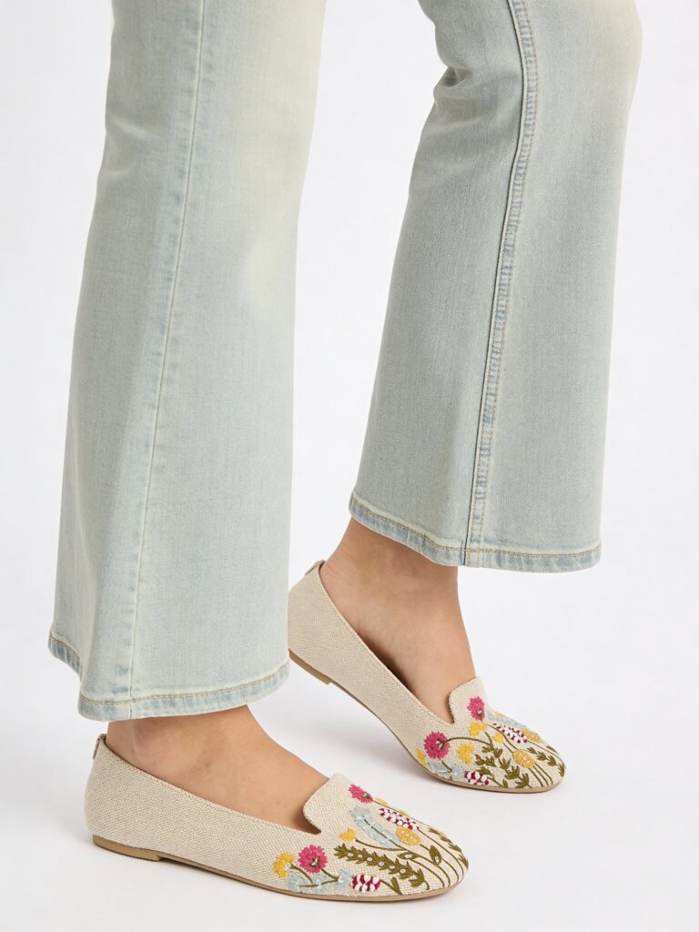 Fast Wear Beige Floral Embroidered Loafers