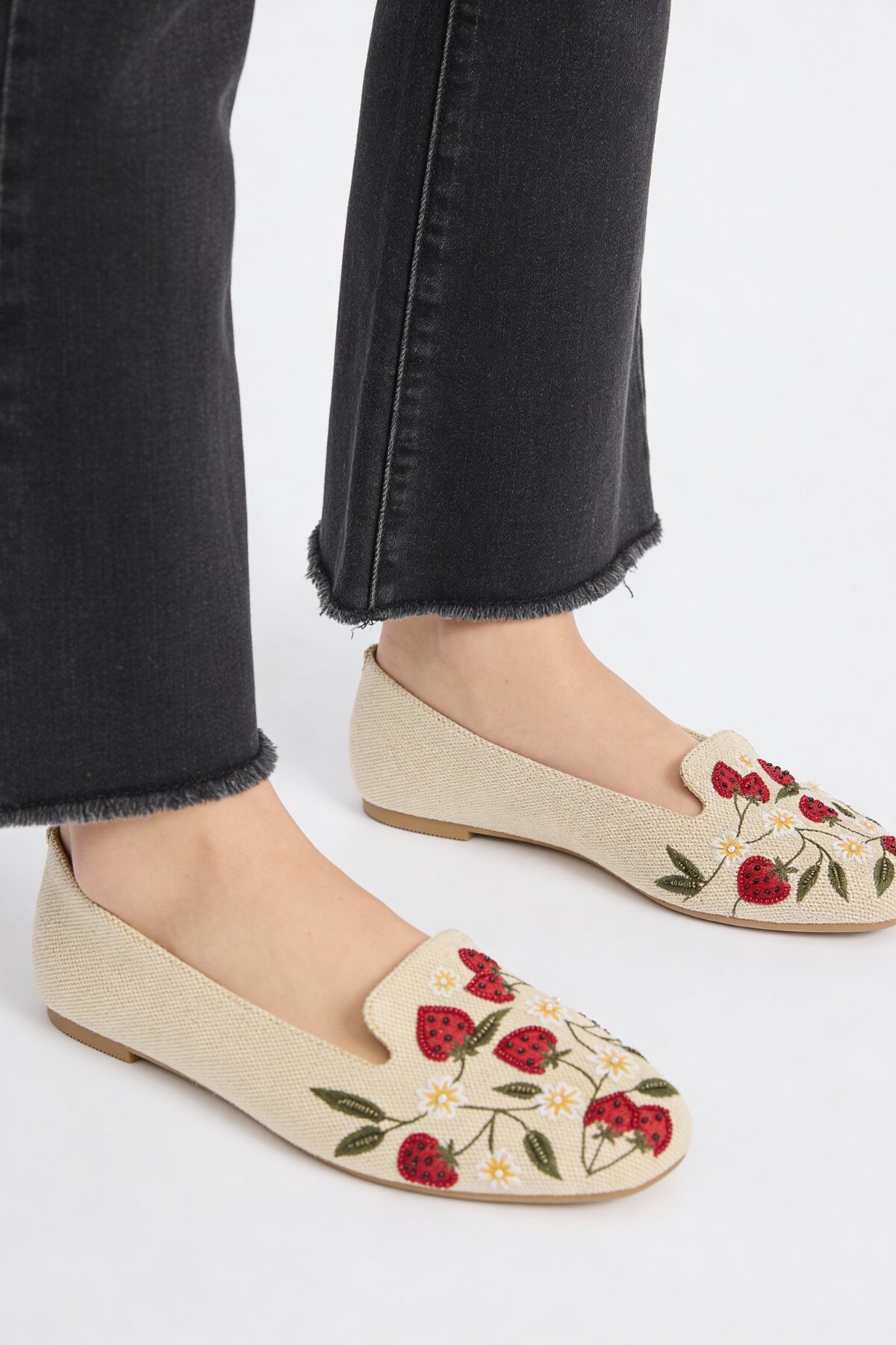Fast Wear Beige Strawberry Embroidered Loafers