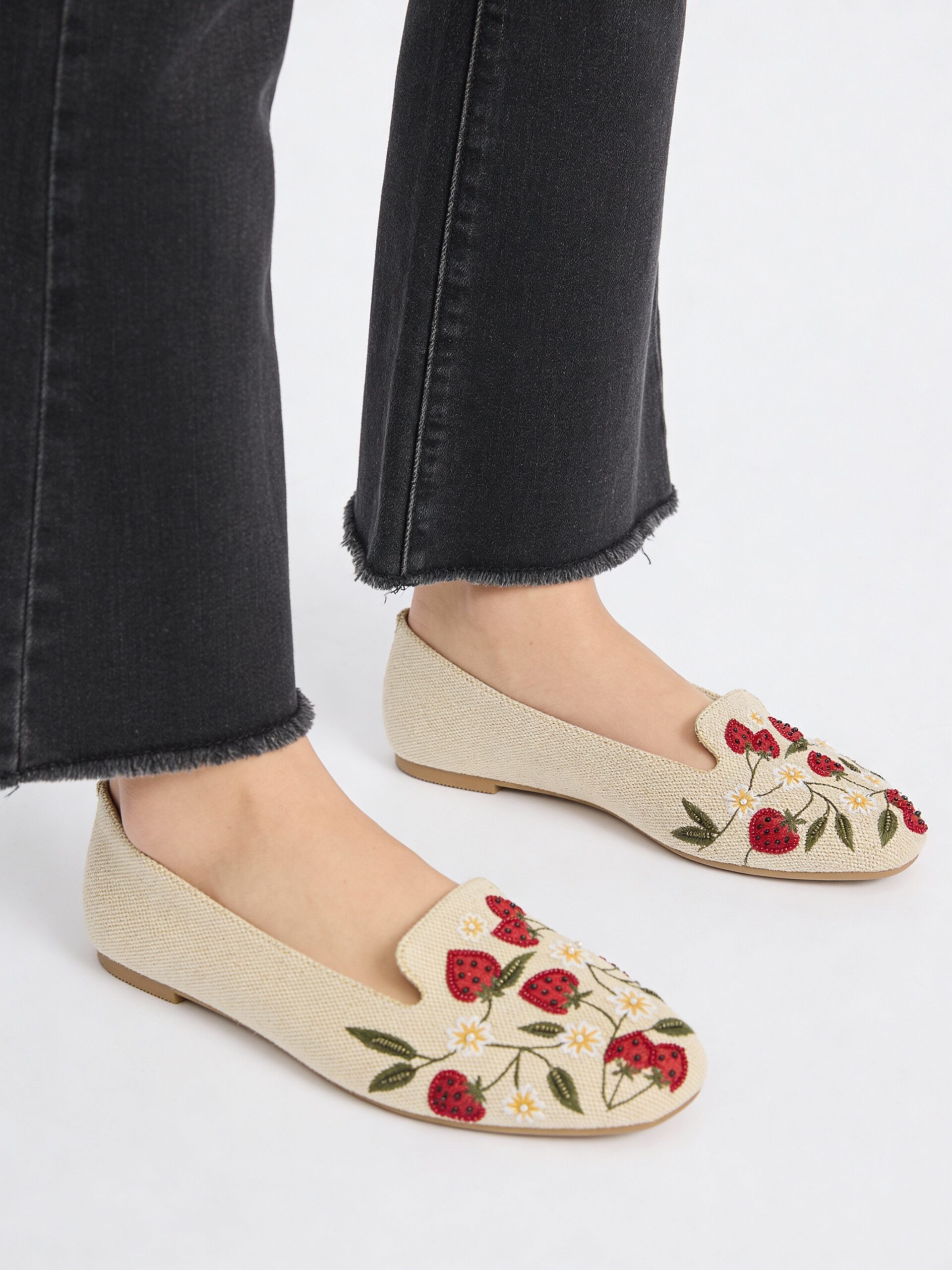 Fast Wear Beige Strawberry Embroidered Loafers