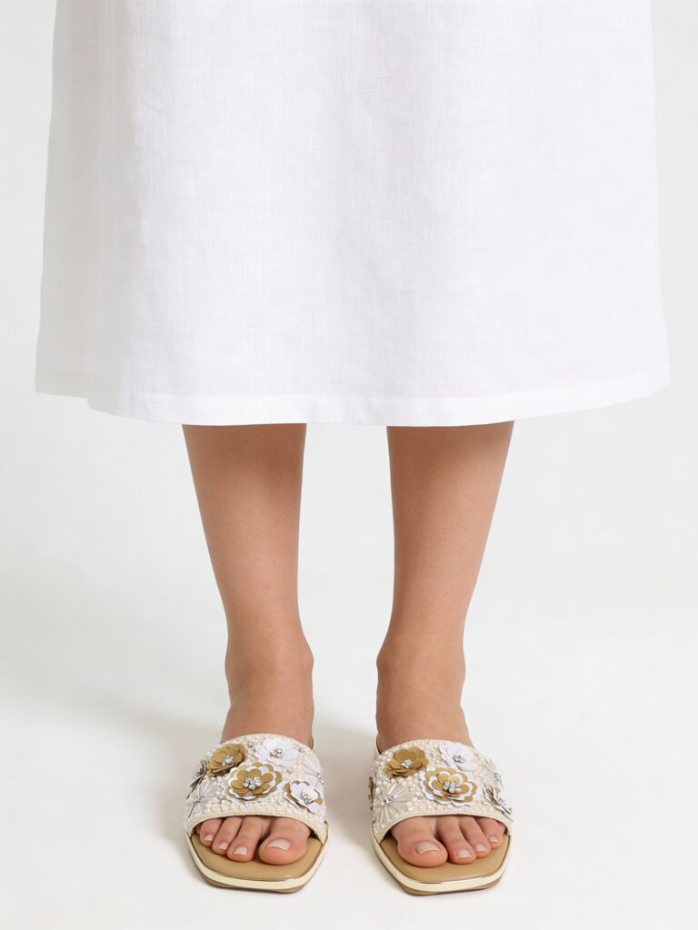 Fast Wear Beige Floral Embellished Slides