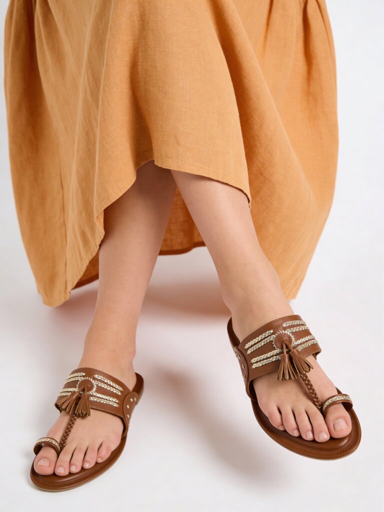 Fast Wear Tan Tassel Detailed Kolhapuri Sandals