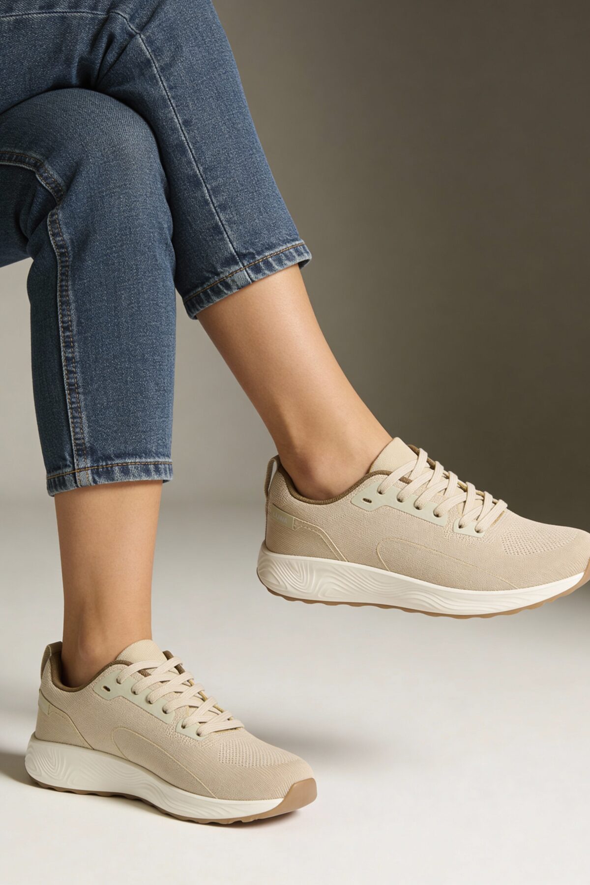 Fast Wear Beige Knit-Textured Lace-Up Sneakers