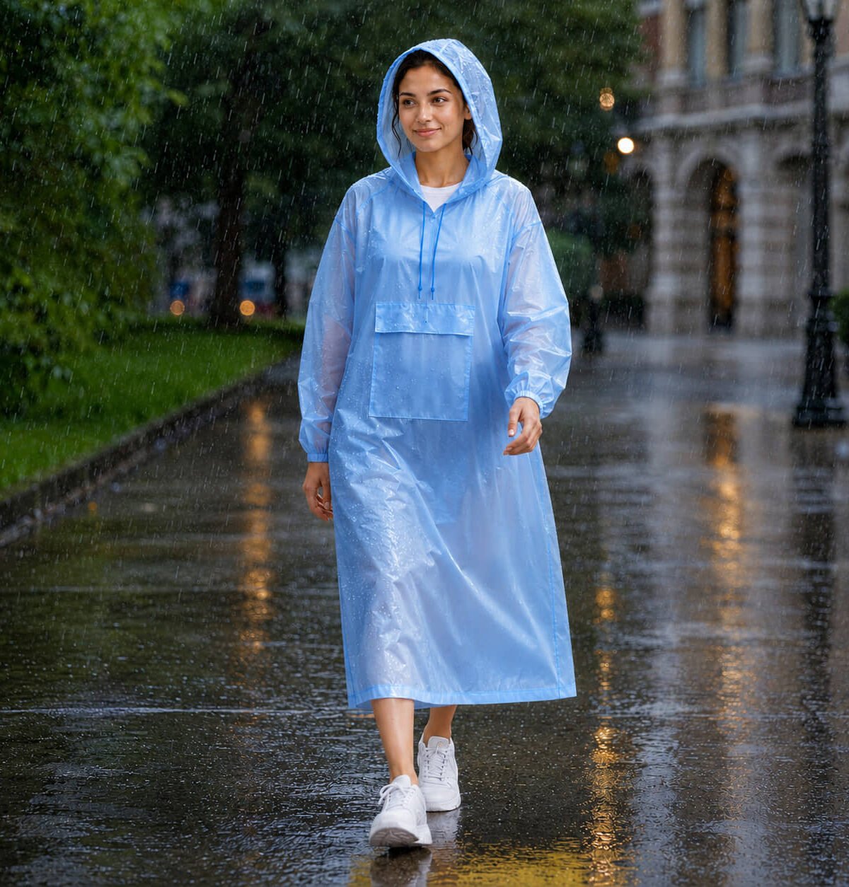 Sky Blue Polyester Long Waterproof Raincoat Stylish Rainwear