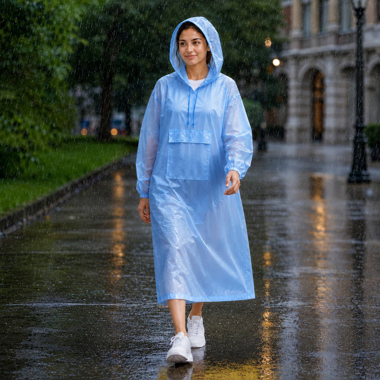 Sky Blue Polyester Long Waterproof Raincoat Stylish Rainwear
