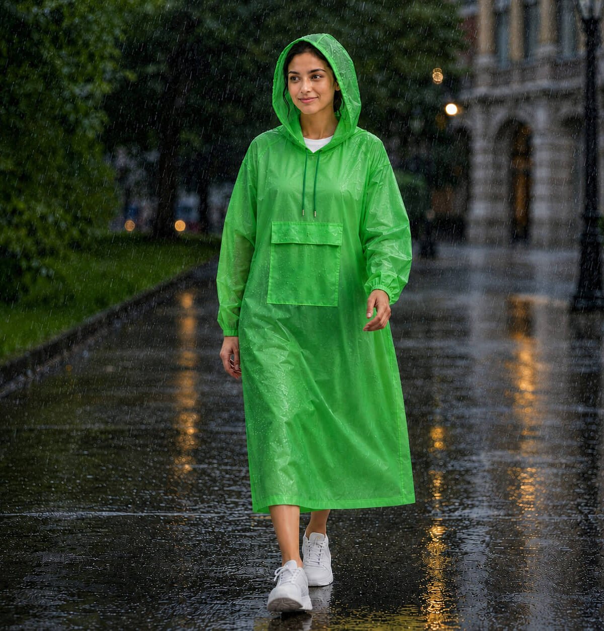 Green Polyester Long Waterproof Raincoat Lightweight Outdoor Protection