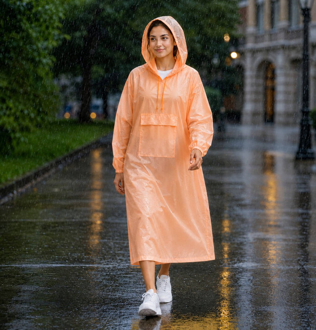 Orange Polyester Long Waterproof Raincoat Bright Outdoor Rain Protection