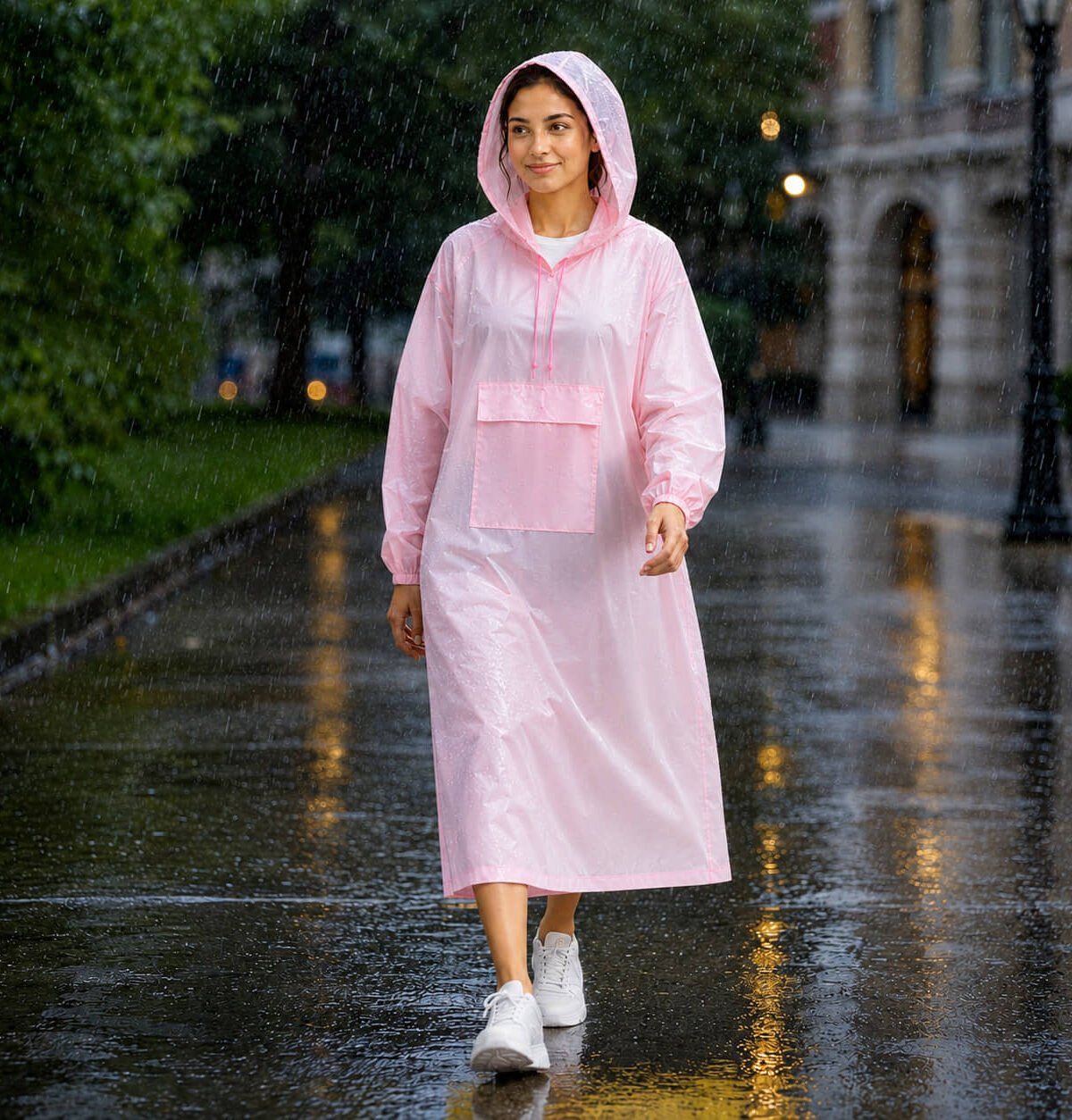 Women's Pink Polyester Long Waterproof Raincoat Lightweight Rain Protection