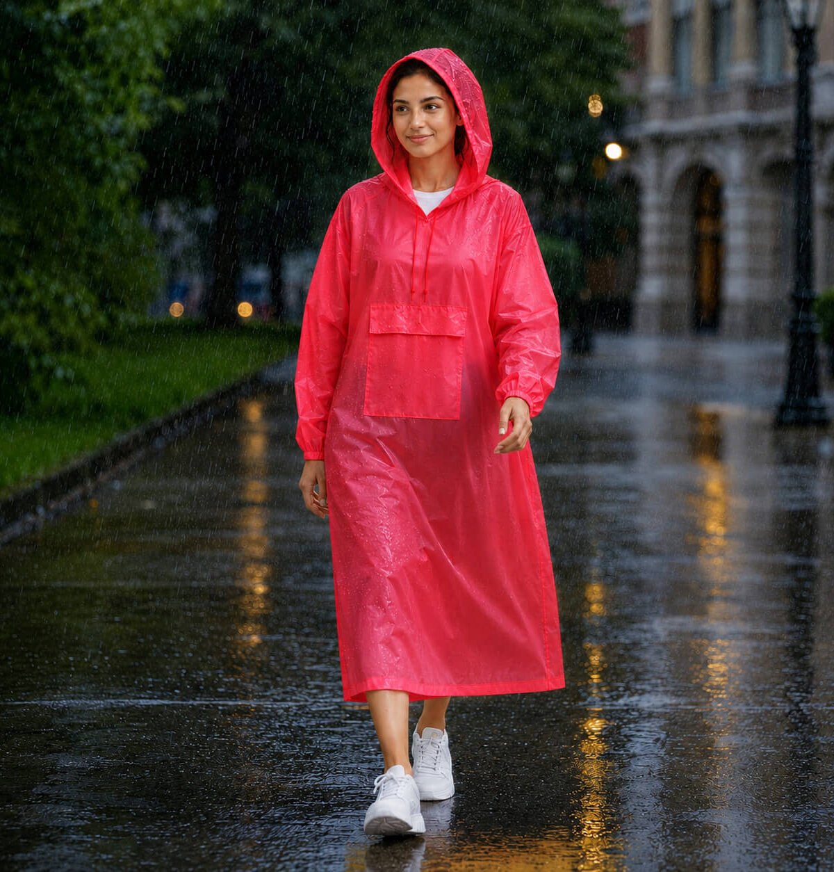 Women's Red Polyester Long Waterproof Raincoat Durable All Weather Protection