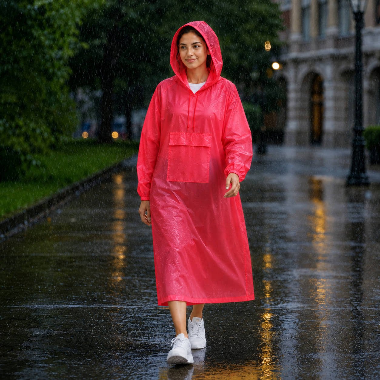 Women's Red Polyester Long Waterproof Raincoat Durable All Weather Protection