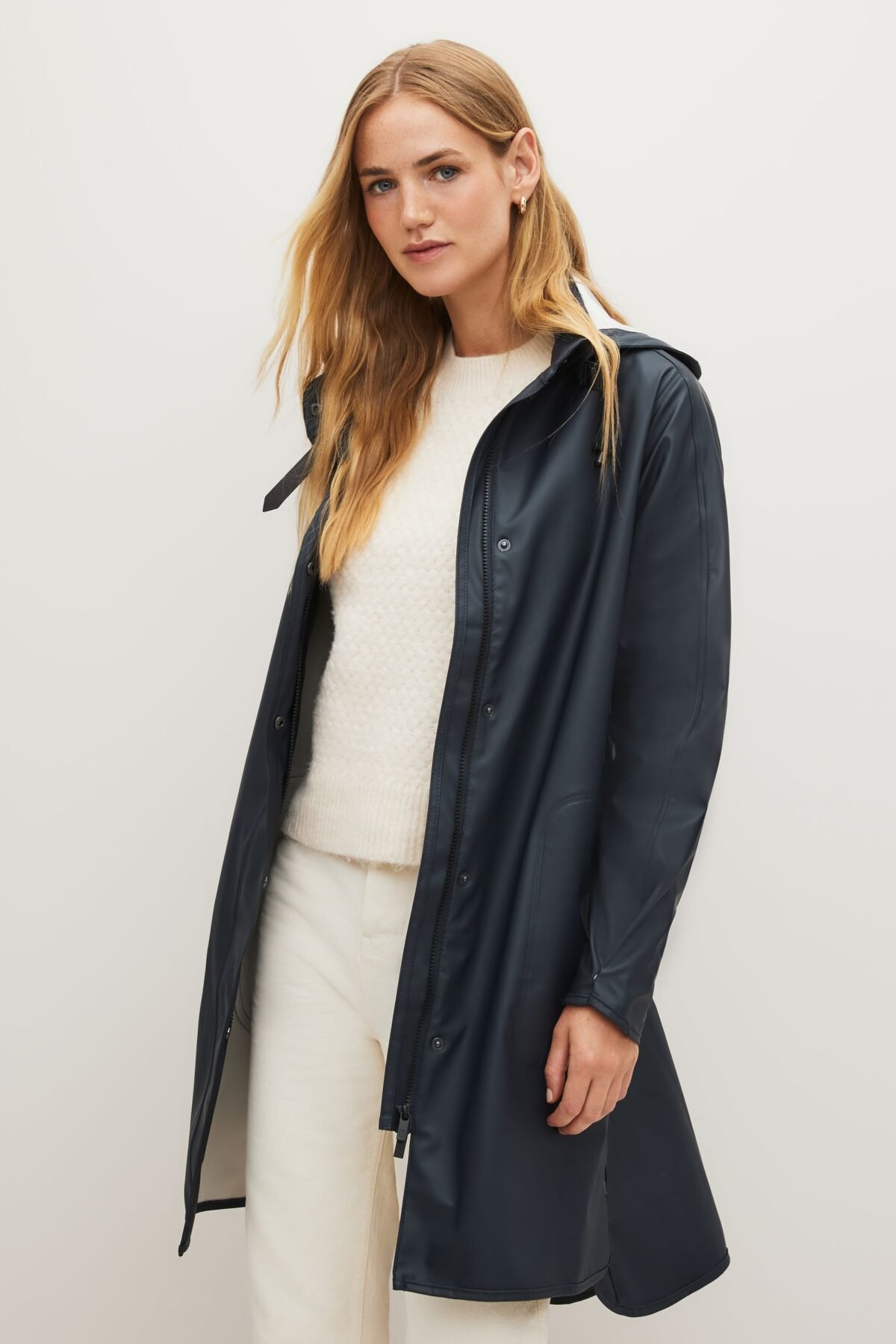 Women's Dark Blue Loose Fit Waterproof A Line Raincoat Lightweight Protection