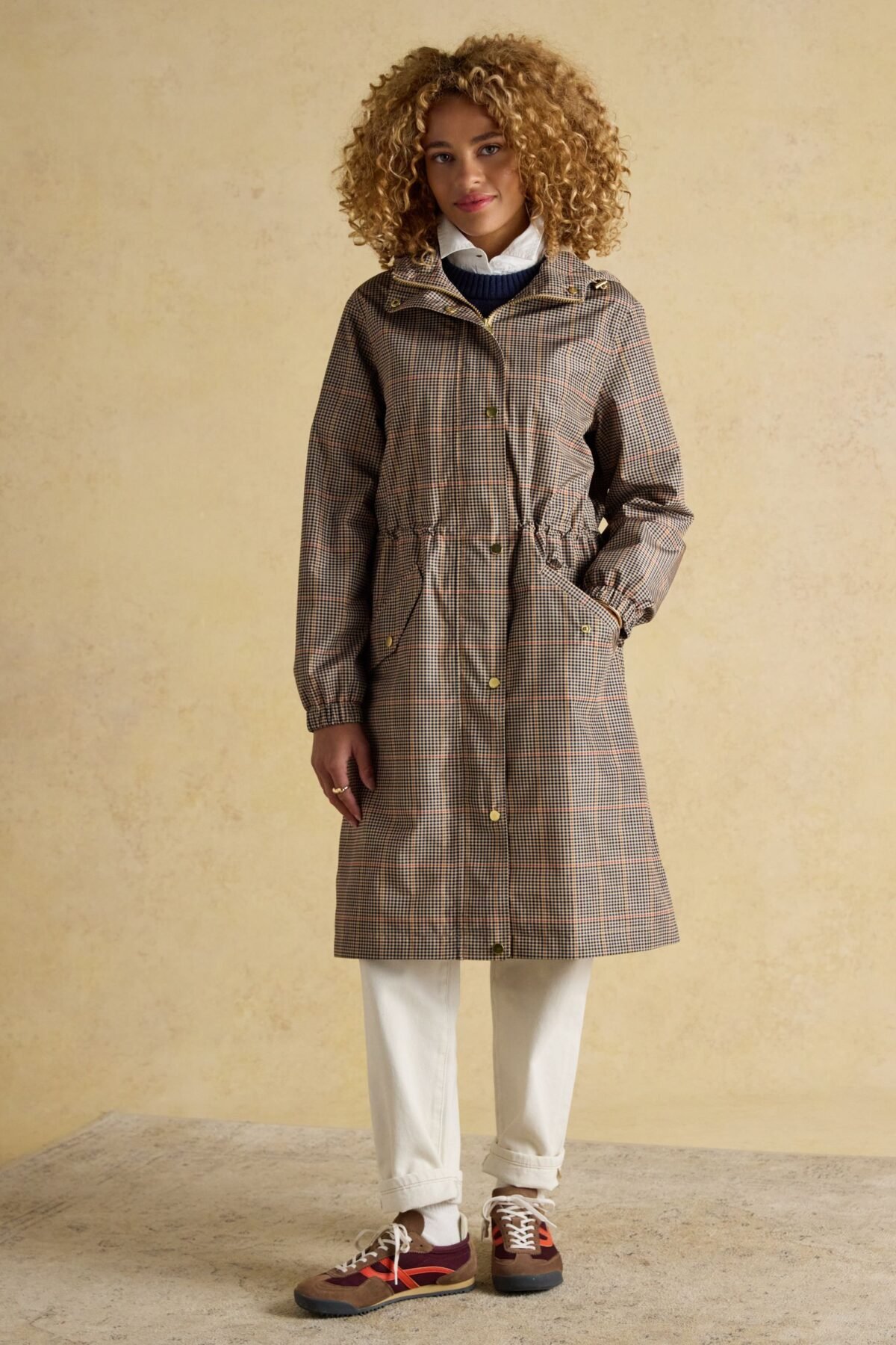Women's Brown Check Waterproof Packable Raincoat with Hood Design