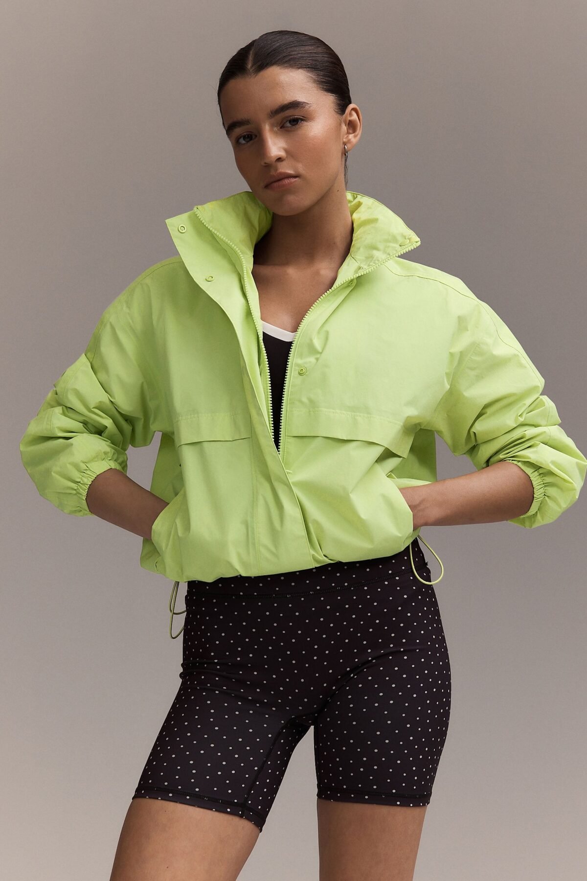 Women's Green Waterproof Funnel Neck Rain Jacket Outdoor Rainwear