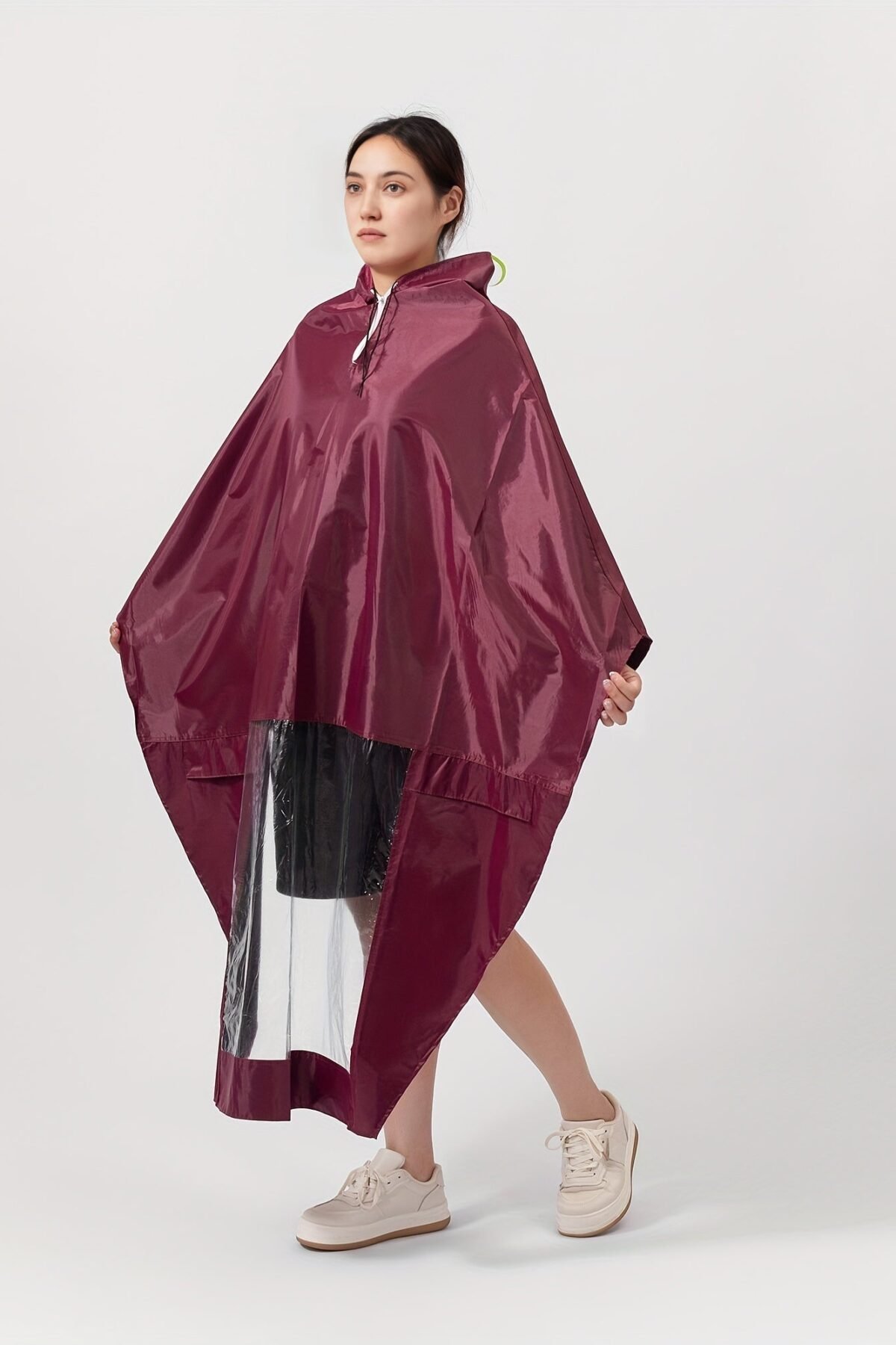 Women's Maroon Hooded Rain Poncho Jacket Lightweight Waterproof Protection