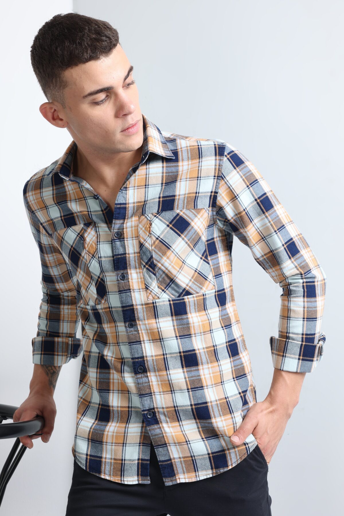 Men Rustic Indigo Plaid Shirt | Sand Khaki