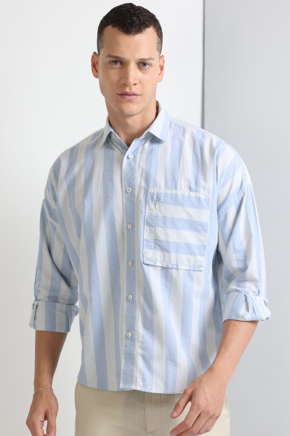 Blue Big Striped Stylish Pocket Shirt for Men