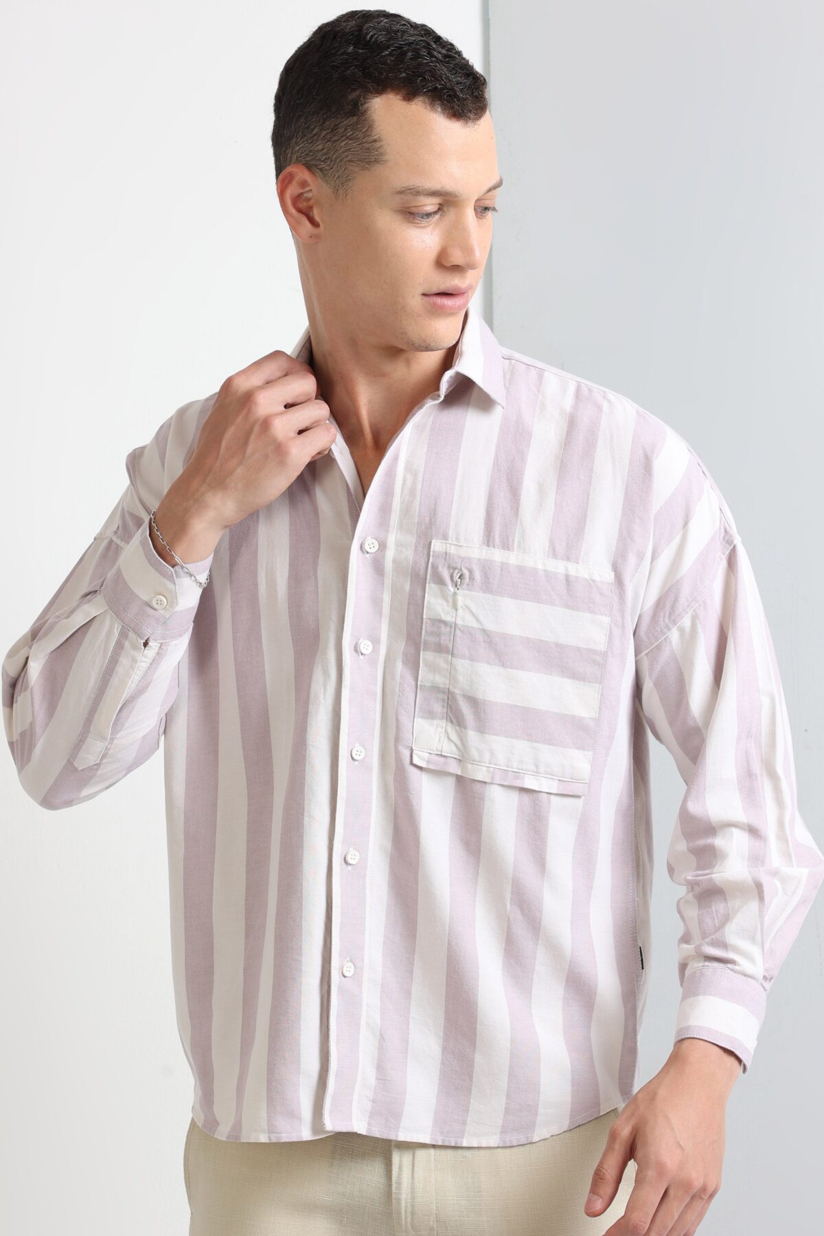 Peach Big Striped Stylish Pocket Shirt for Men