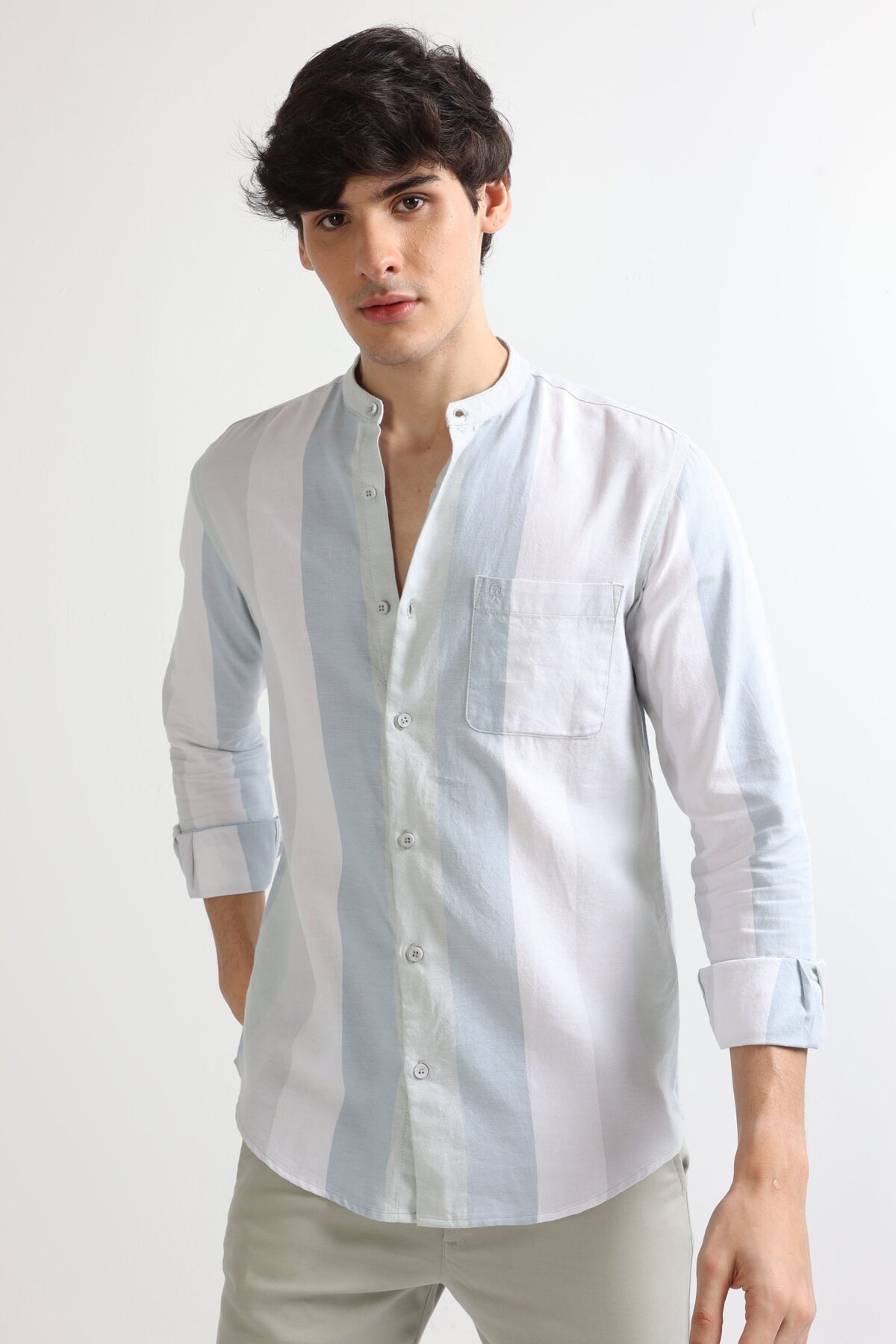 Men Single Pocket Wide Striped Shirt | Olive Green