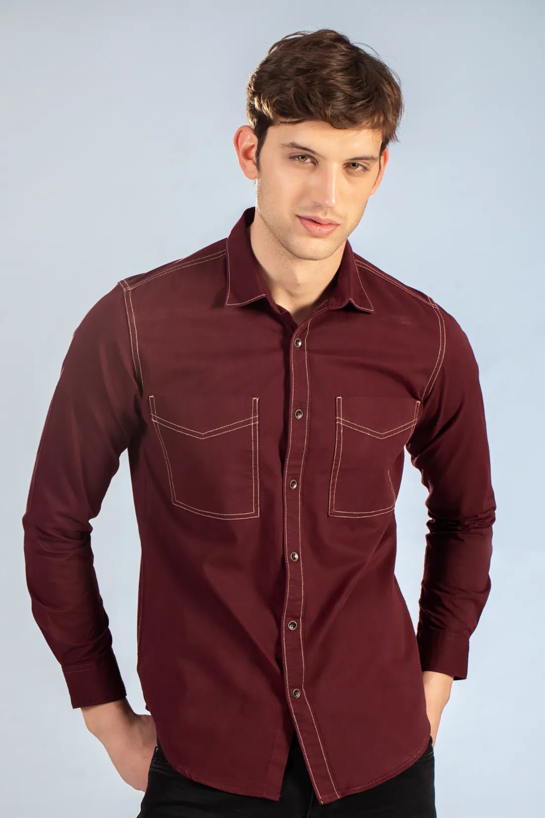 Maroon Twill Shirt with Double Pockets for Casual Looks for Men
