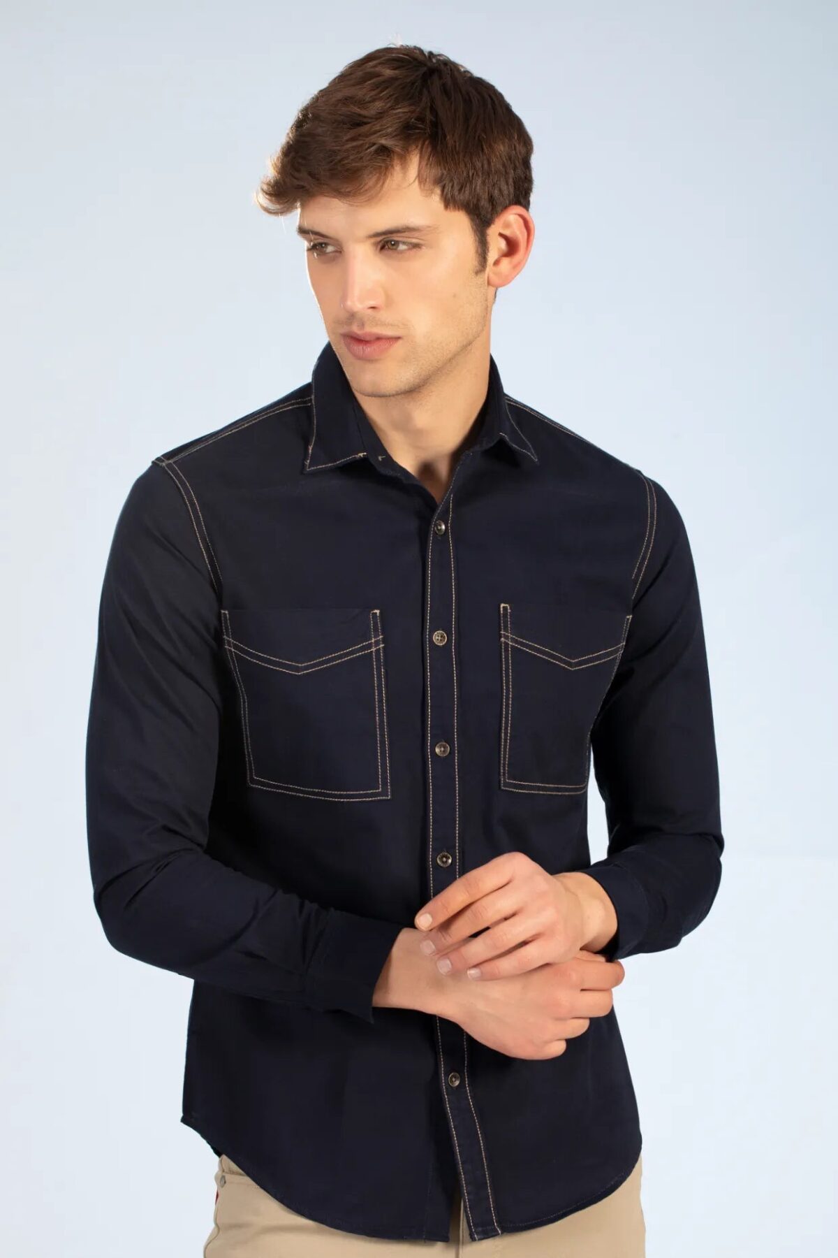 Navy Double Pocket Twill Shirt for Casual Looks for Men