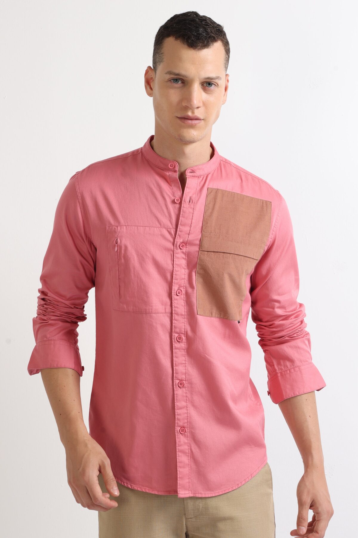 Pink Double Pocket Chinese Collar Shirt for Men