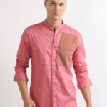 Pink Double Pocket Chinese Collar Shirt for Men