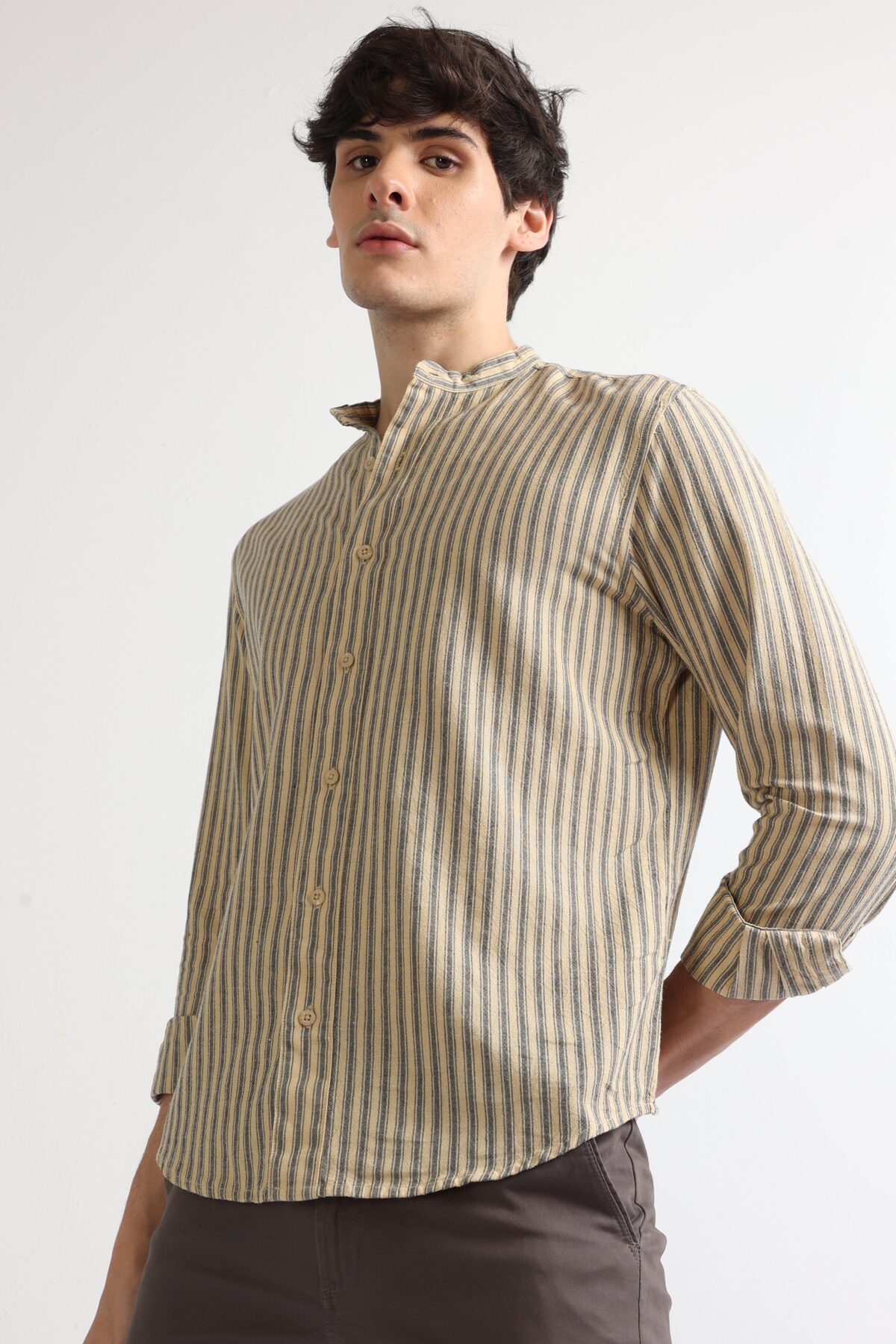 Beige Full Sleeve Striped Shirt with Mandarin Collar