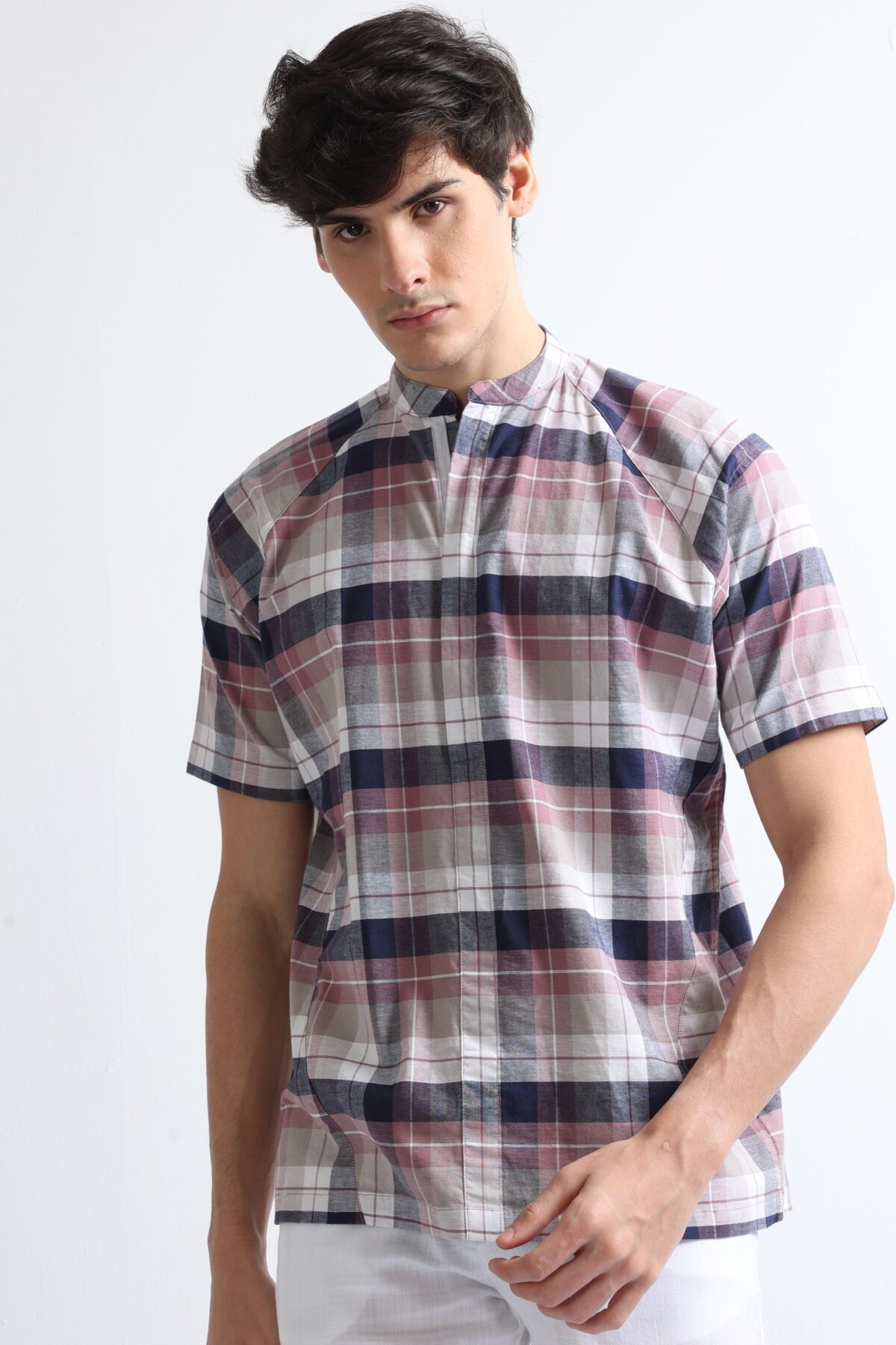 Men Peach Hue Checked Shirt | Mandarin
