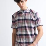 Men Peach Hue Checked Shirt | Mandarin