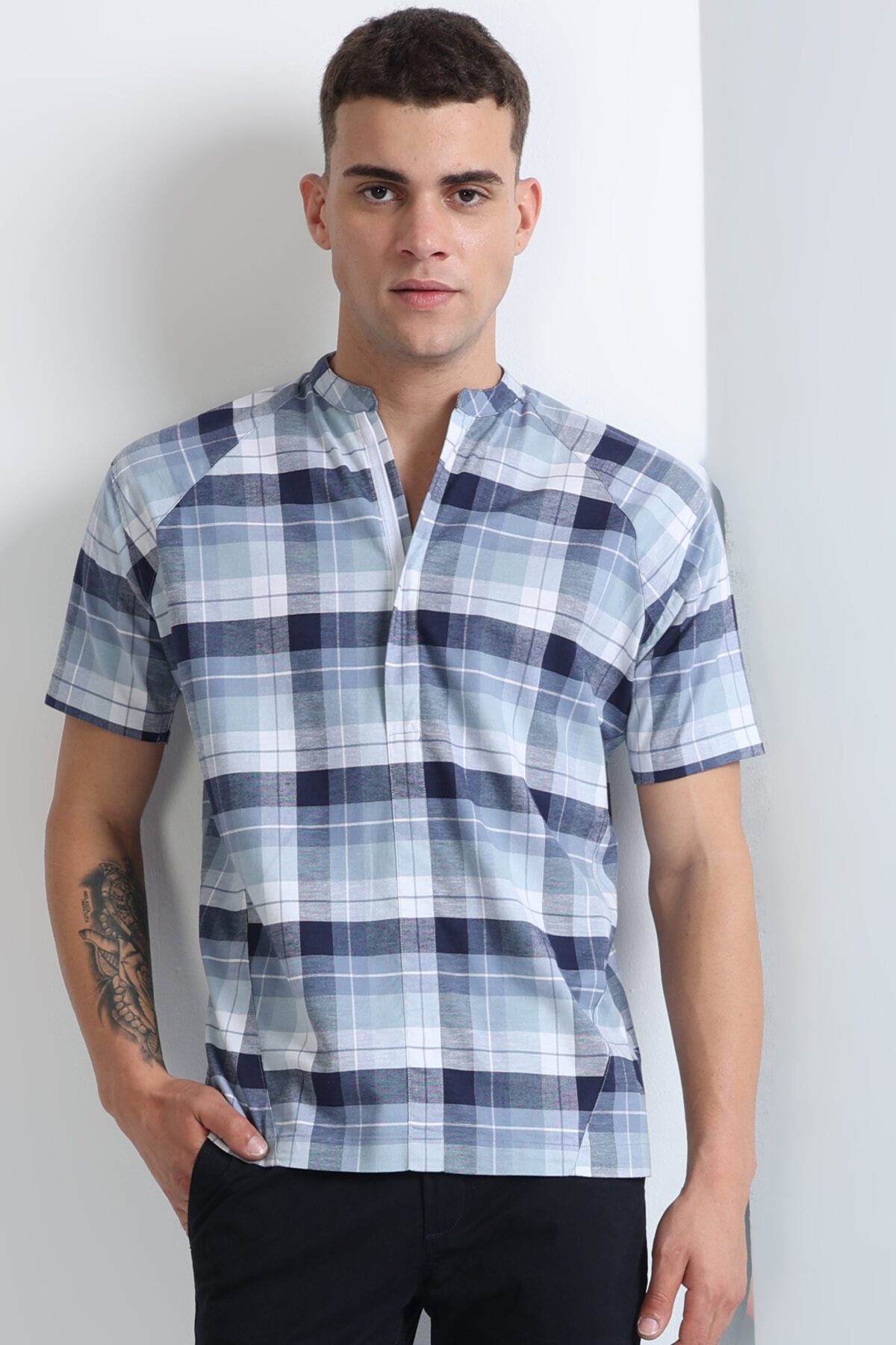 Men Blue Self Mix Checked Shirt | Ocean Wave